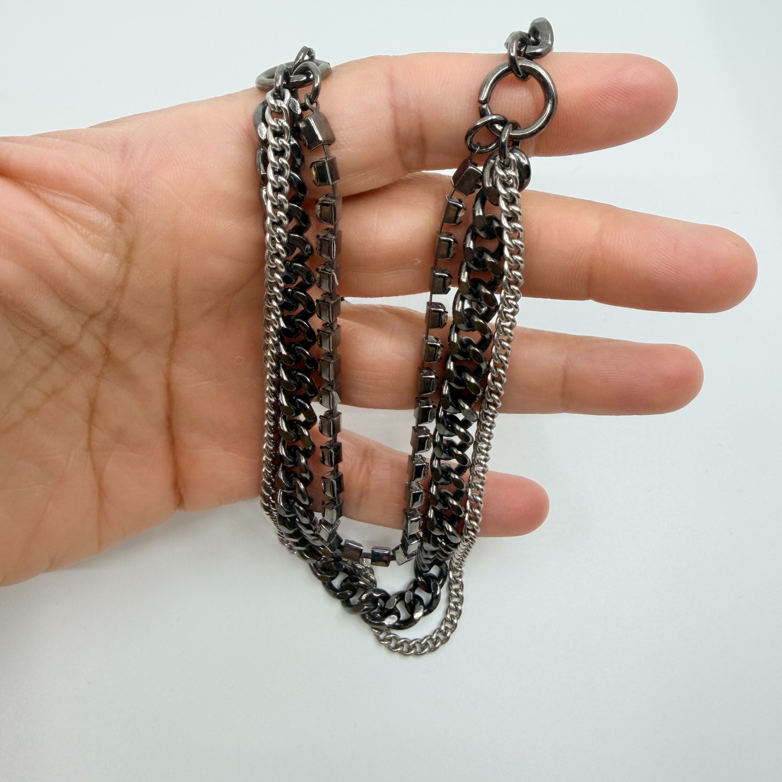 Vintage Gunmetal Tone Layered Necklace Multi Strand Chunky Curb Chain Rhinestone