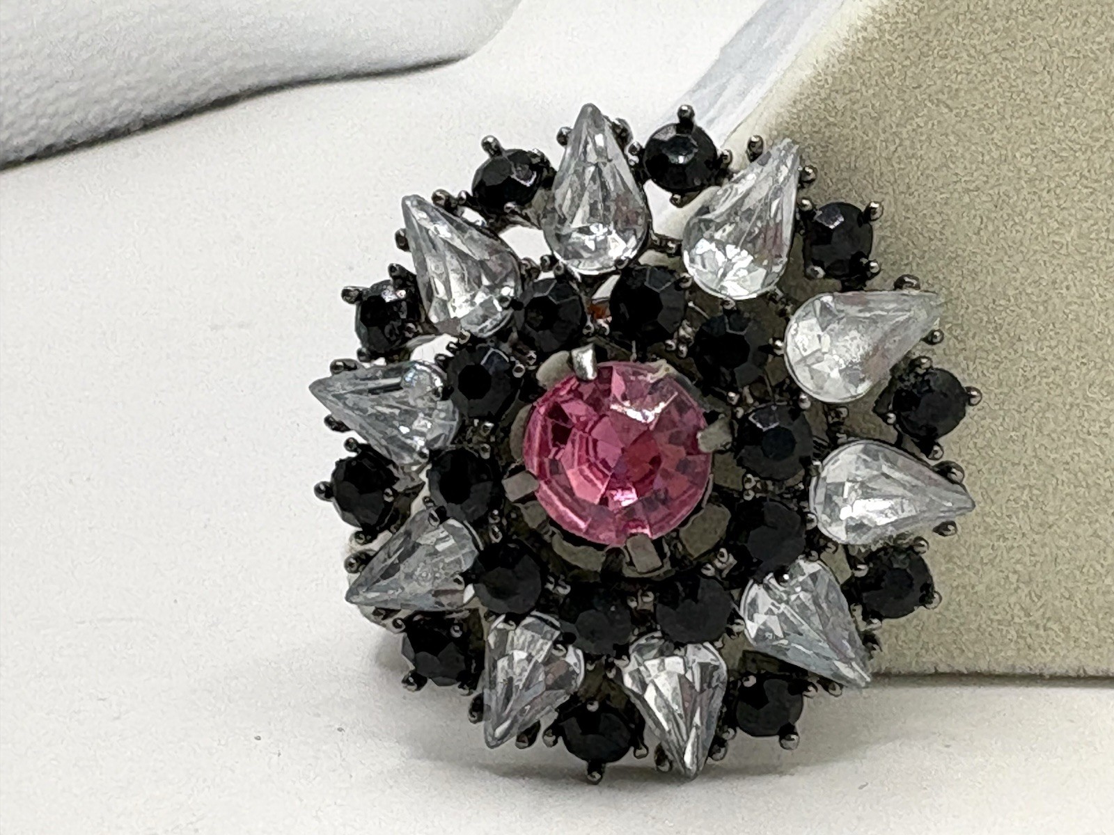 Black Clear & Pink Rhinestone Gun Metal Brooch