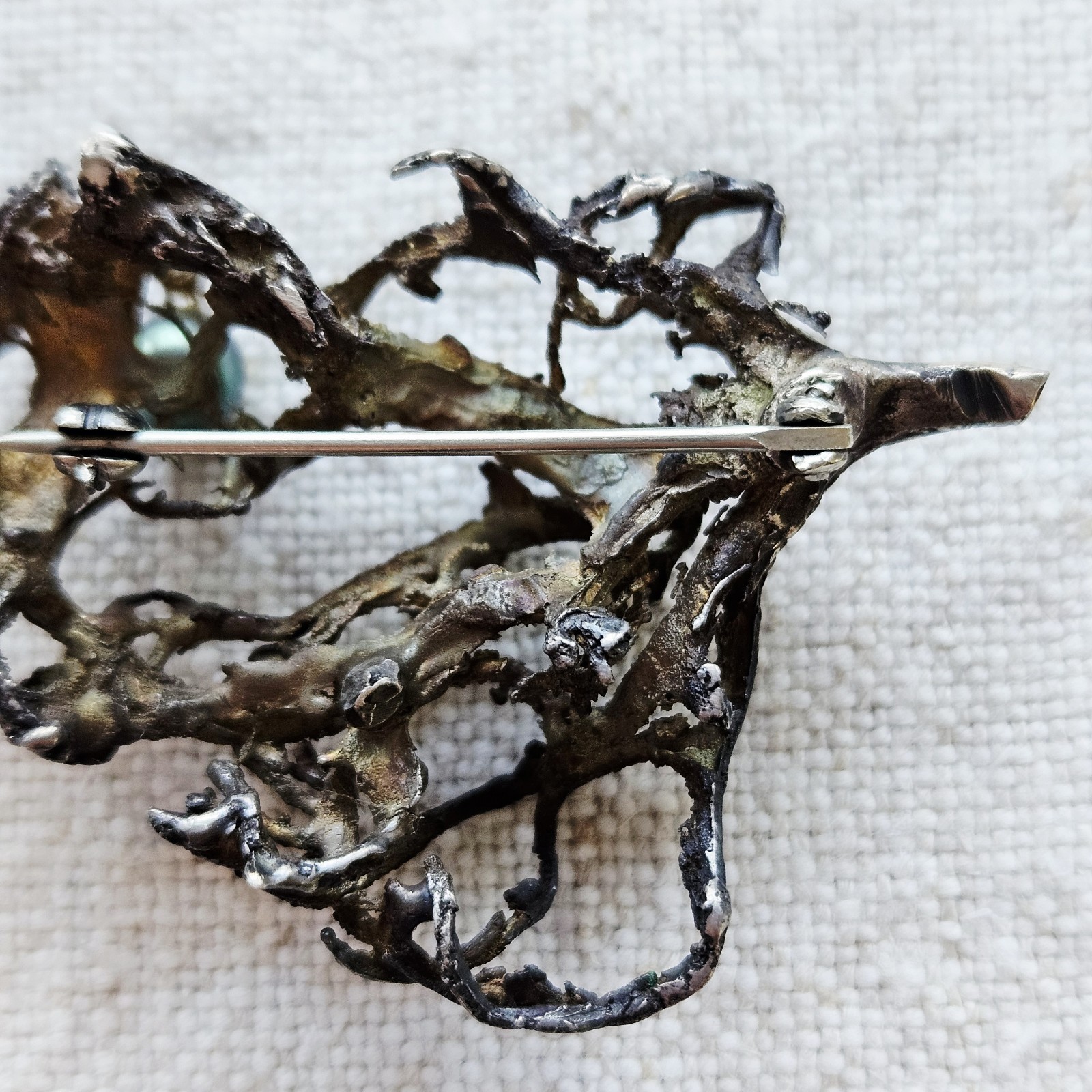 Vintage Modernist Mid-Century Brutalist Silver Brooch Pin Green Pearl