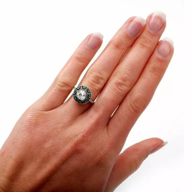 Art Deco Style Lab-Created Diamond & Emerald Enamel Ring 14k White Gold Finish