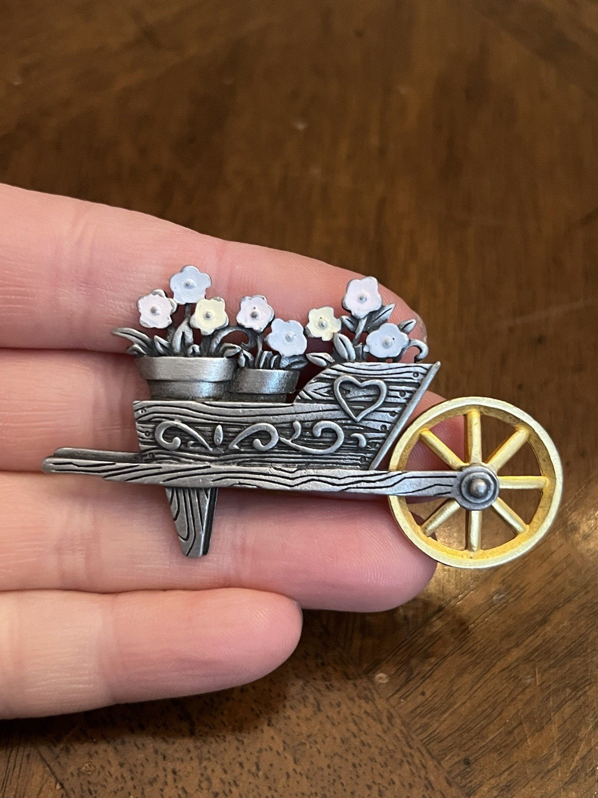Vintage JJ Jonette Flowers in Wheelbarrow Brooch Signed Nice!