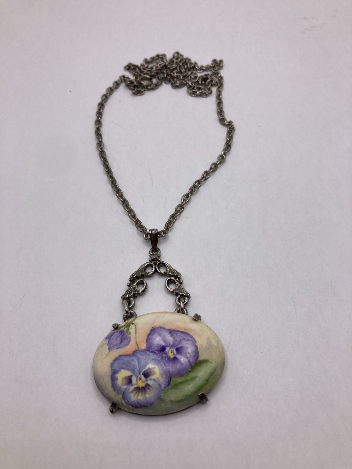 Vintage Purple Orchid Watercolor-Style Pendant on Silvertone Necklace