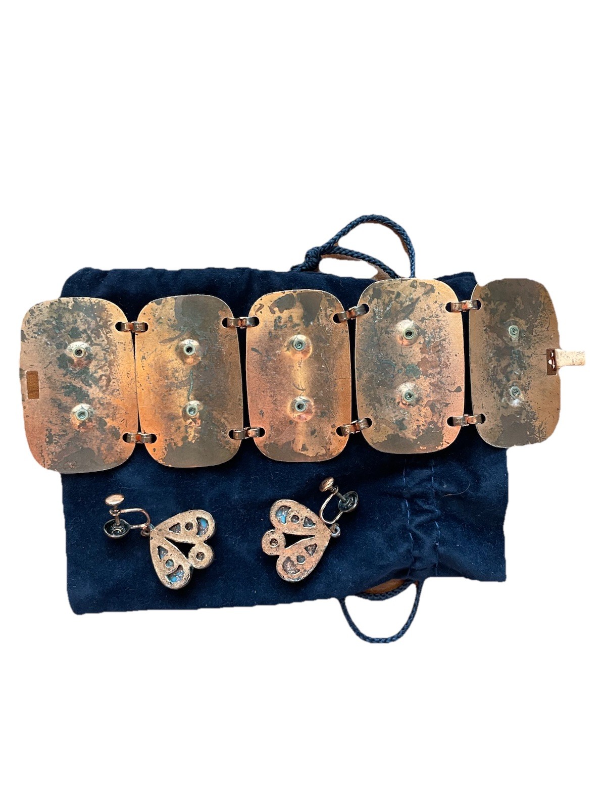 VTG 70’s Copper Bloodstone Hinged Bracelet w/ Floral Screw Back Earrings Boho