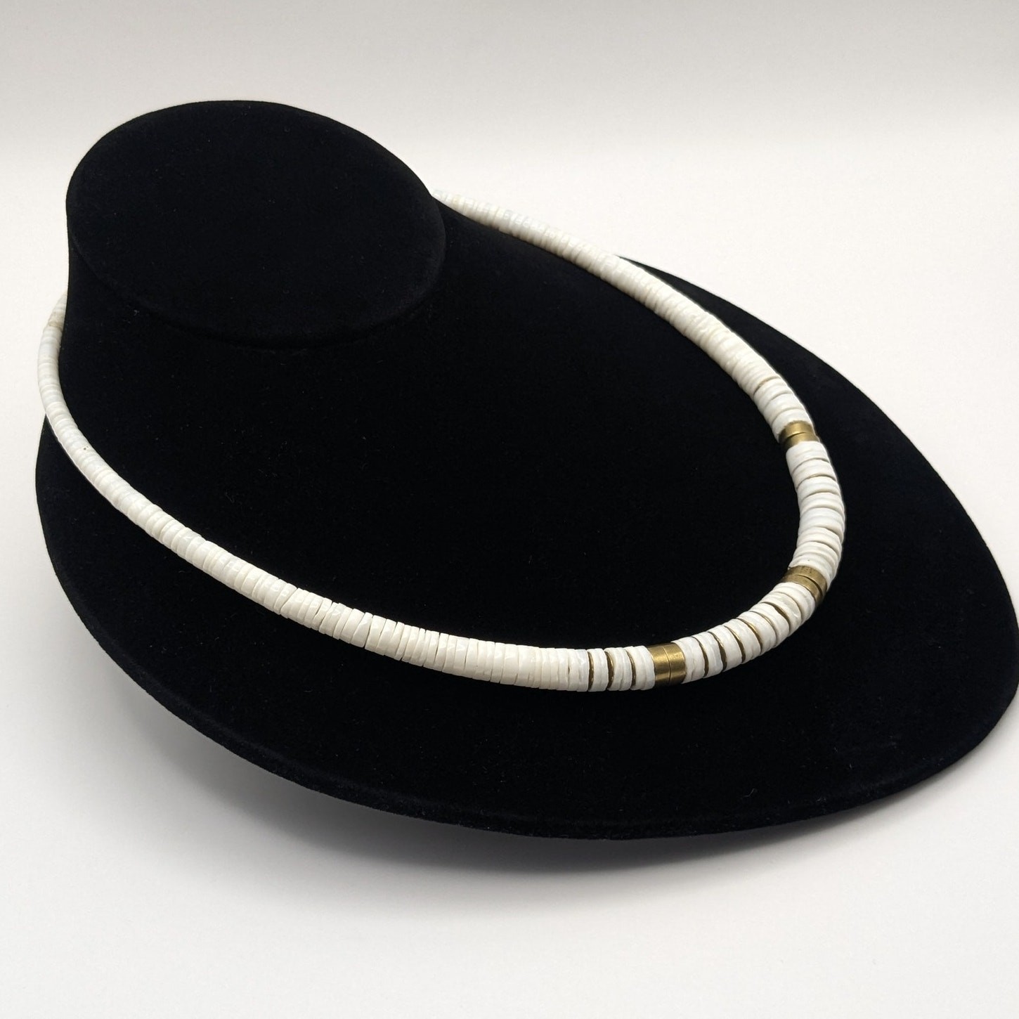 Vintage Heishi Shell and Brass Metal Spacers Graduated Beaded Necklace 18.25in