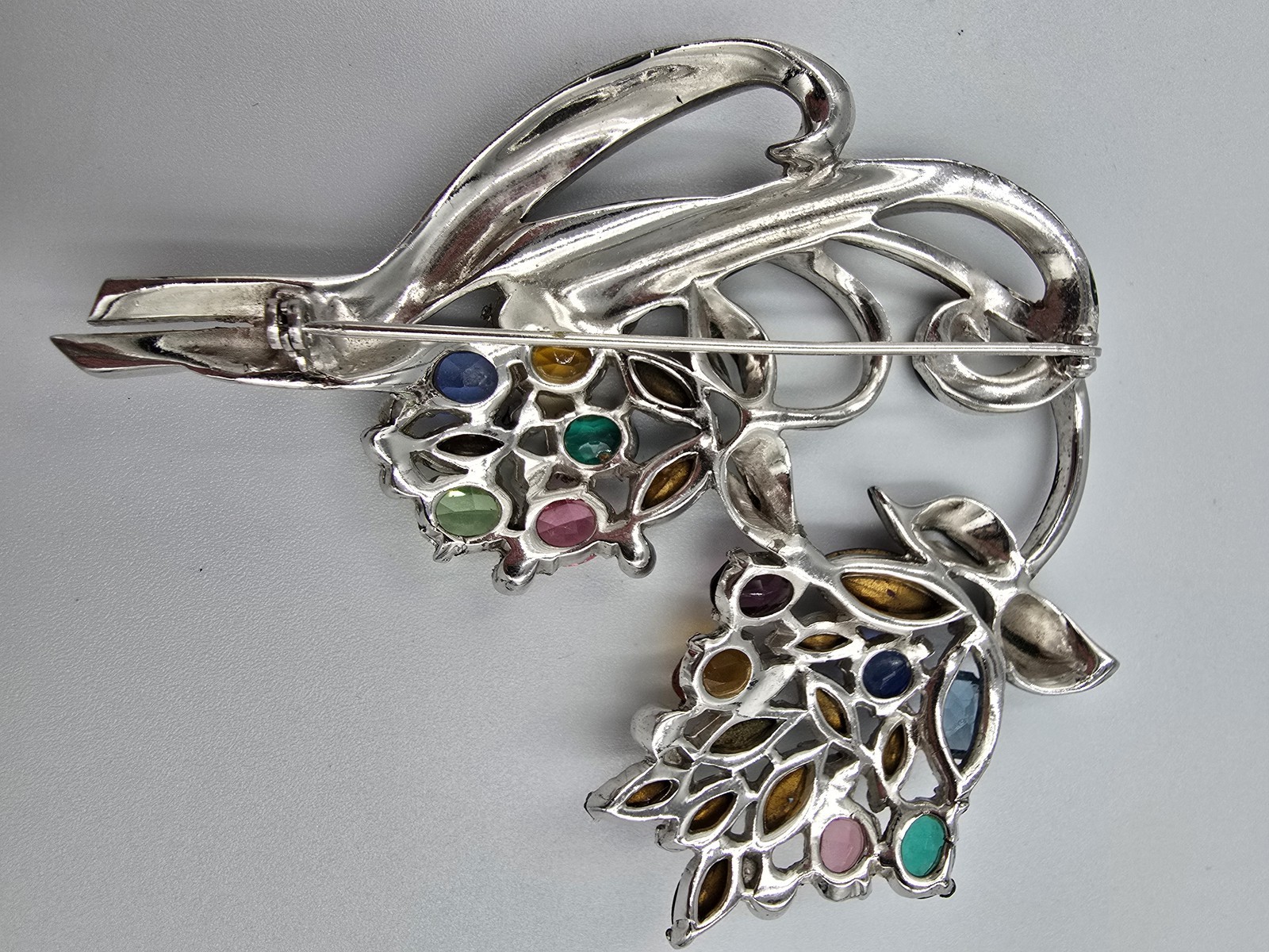 Vintage Enamel Pot Metal Flower Brooch Pin Multicolor Rhinestone Floral Bouquet