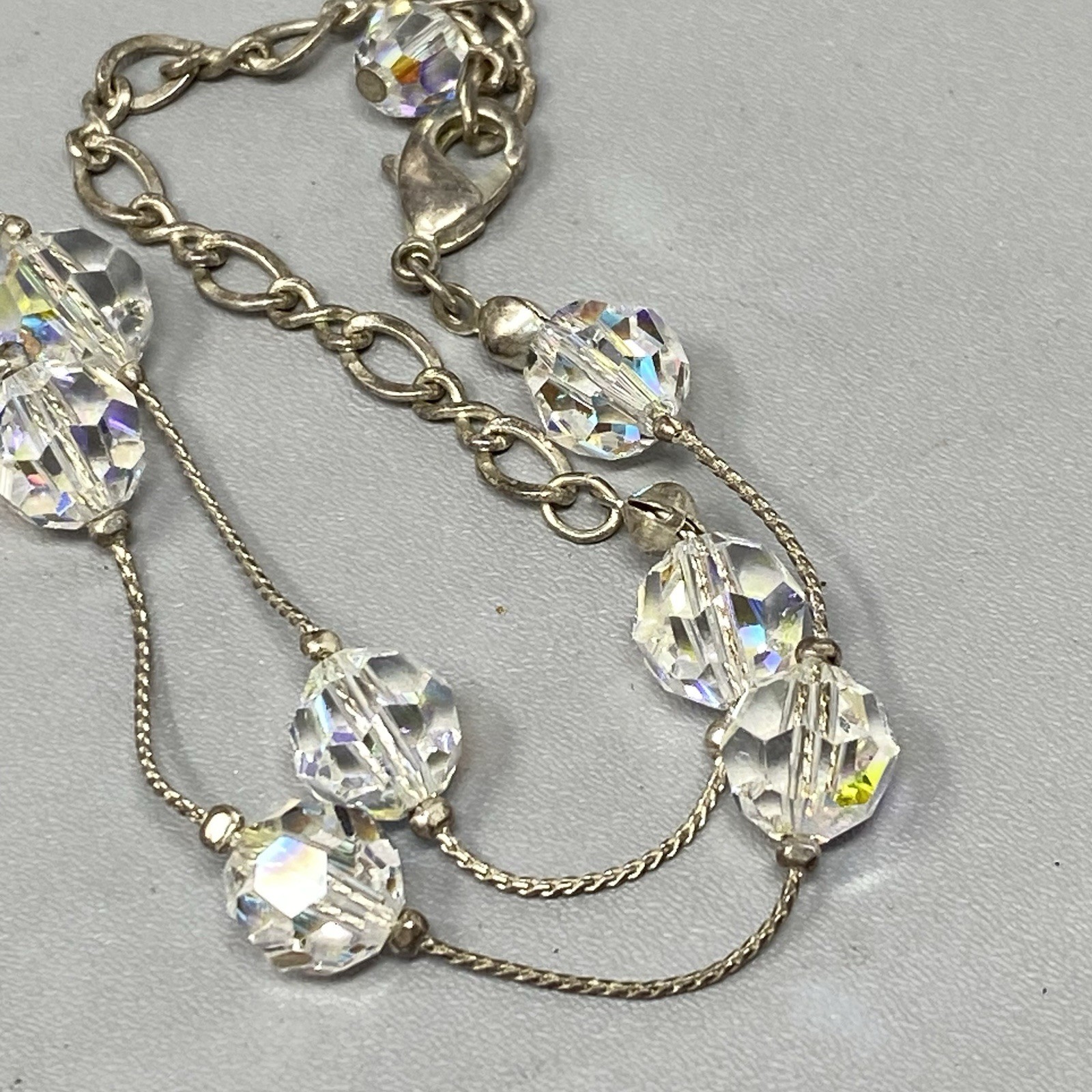 Aurora Borealis Crystal Bead Necklace Faceted Glass Silver Tone Chain Collar 18″