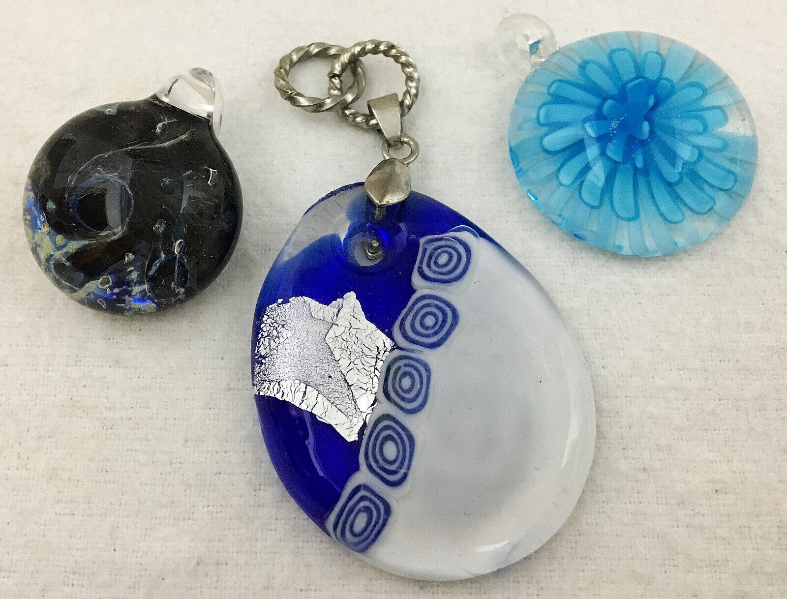 Lot of 3 Abstract Art Glass Pendants Modern Unique Blue White Foil Clear 3D