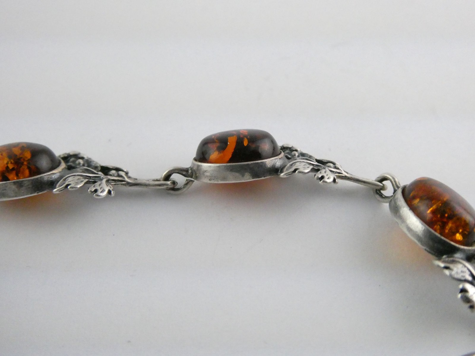 Vintage Sterling Silver Amber Cabochon Grape Vine Link Bracelet 925 7.25In 10.6g