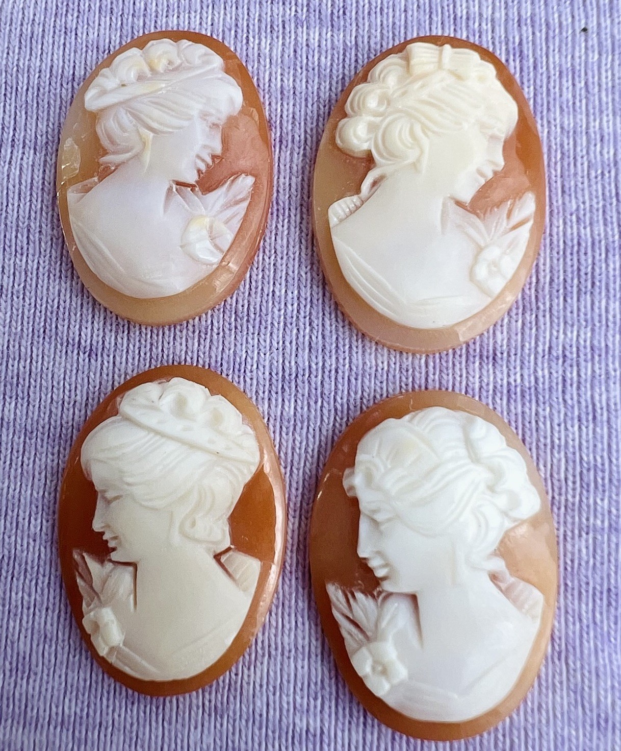 Vtg Hand Carved Shell Cameos (4) Loose Oval Lady Portrait Right Facing 2, Left 2