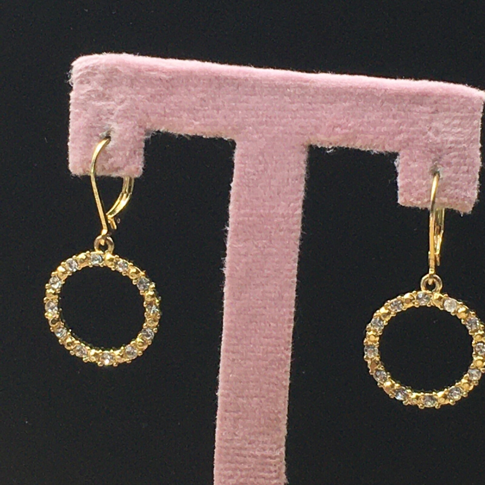 Avon Rhinestone Earrings Gold Tone Round Pave Circle Lever Back 1.5″