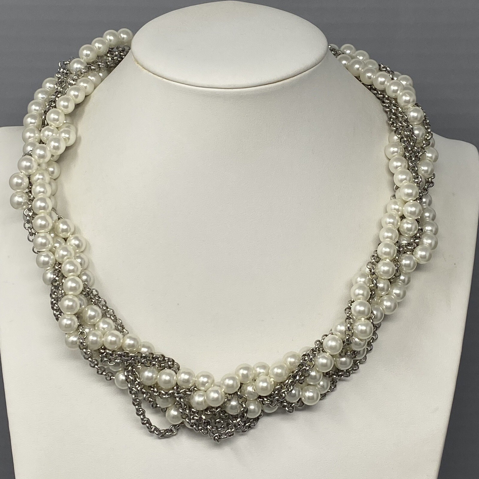 Sugarfix Baublebar Necklace Torsade Imitation Pearl Silver Tone Chain Twist 21″
