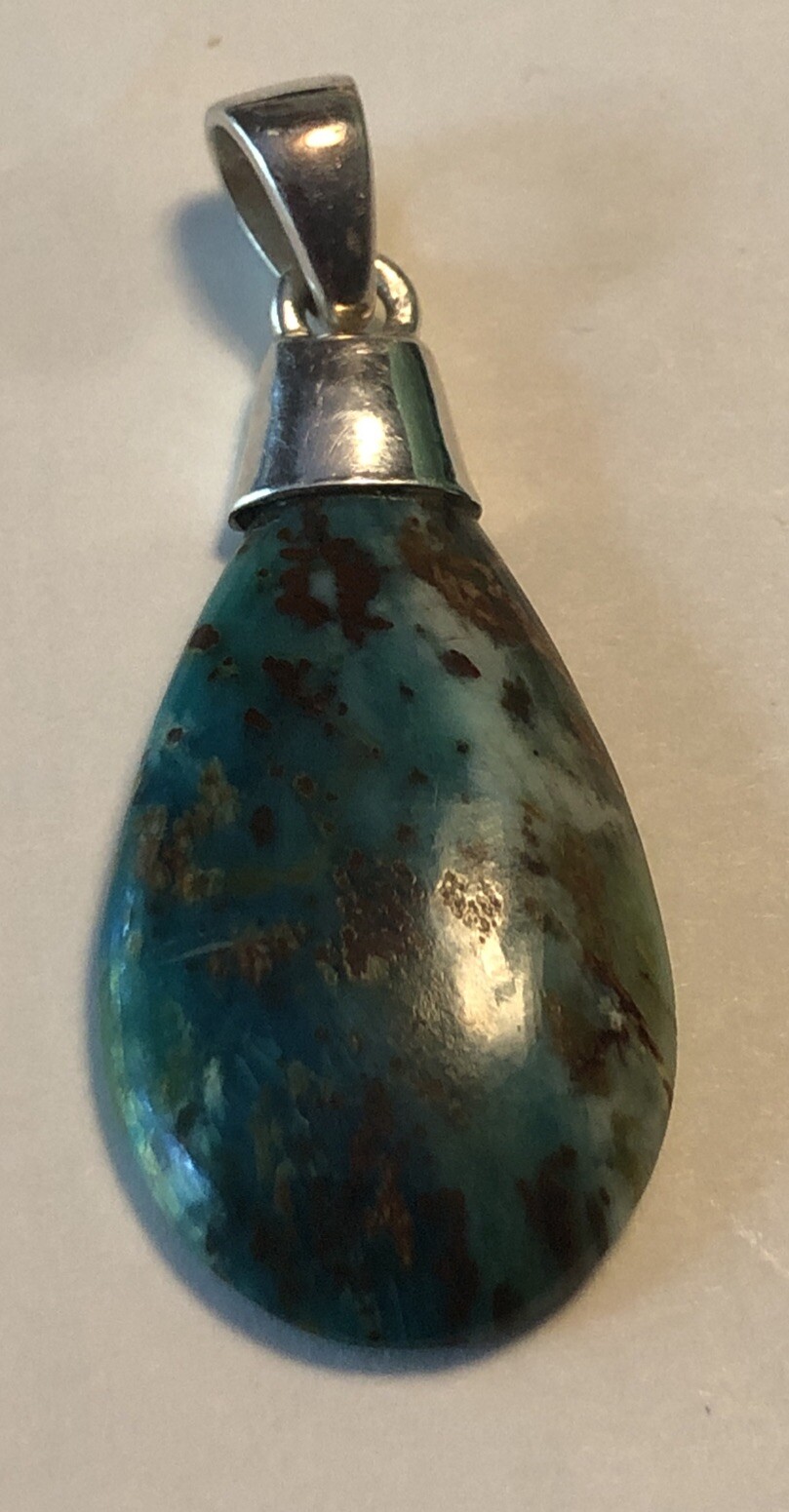Vintage Sterling Silver Top Blue Tear Drop Natural Stone Pendant 1 3/4”