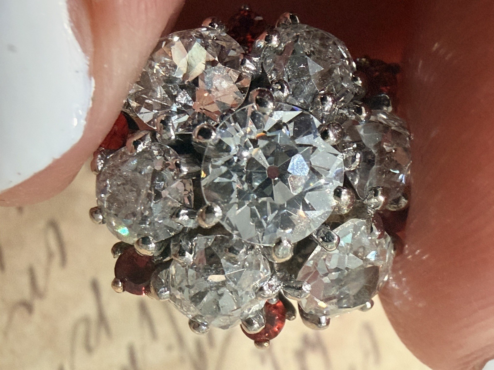 Rare Edwardian 4.43ct Old European Mine Cut Diamond Orange Sapphire Cluster Ring