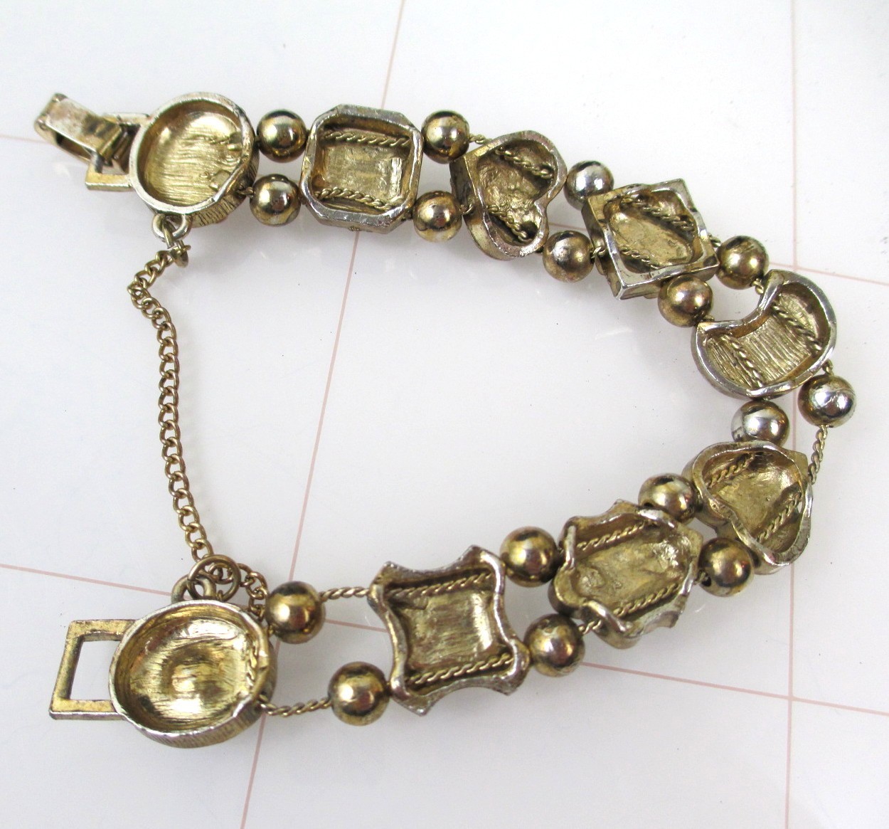 Vintage Victorian Revival Slide Charm Bracelet Gold tone Multicolor cabochons