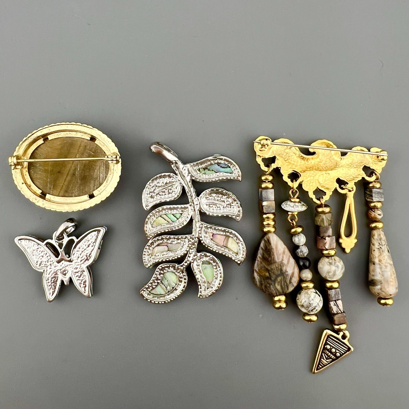 Vintage Brooch Pendant Lot Abalone Shell Stone Boho Natural Silver Gold Tone
