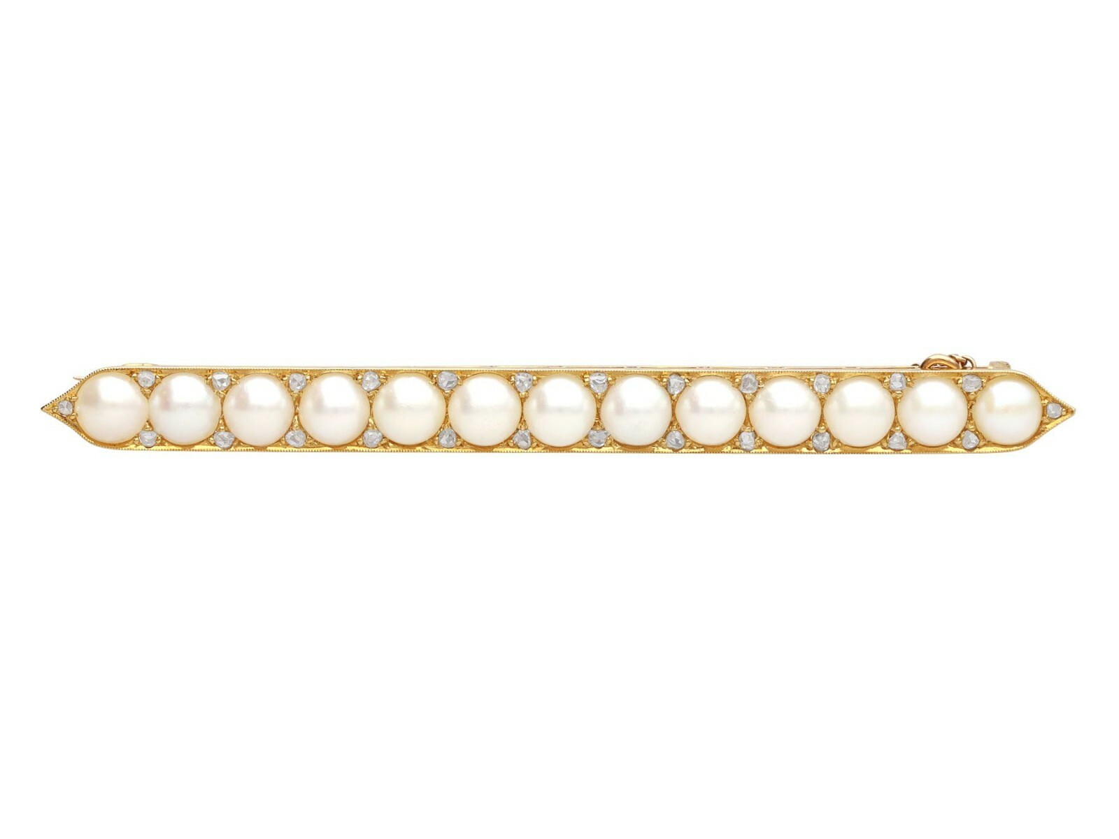 Natural Pearl and 0.78ct Diamond, 18ct Yellow Gold Bar Brooch – Antique