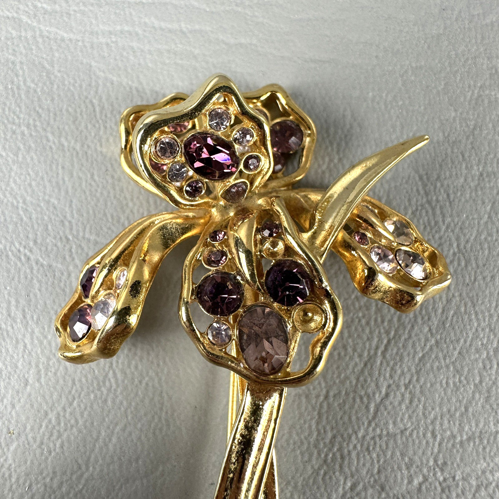 Vintage Flower Brooch Gold Tone Orchid Iris Purple Rhinestones 3.25″