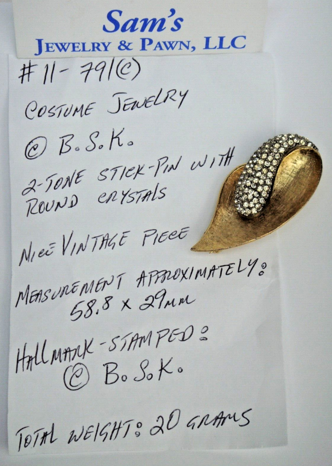 Leaf Pin-Brooch Brushed Yellow Gold-Tone with Crystal Rhinestones Signed B.S.K.
