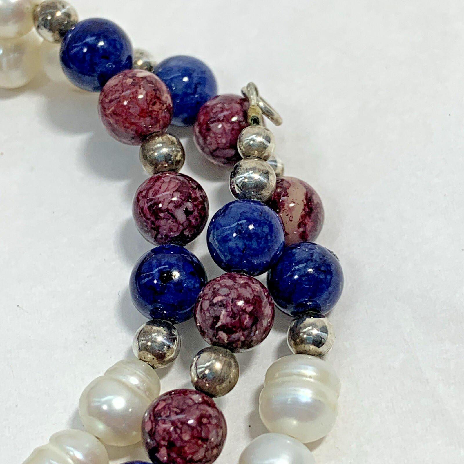 Vintage 925 Sterling Silver Freshwater Pearl Stone Bead Necklace Purple Blue 20″