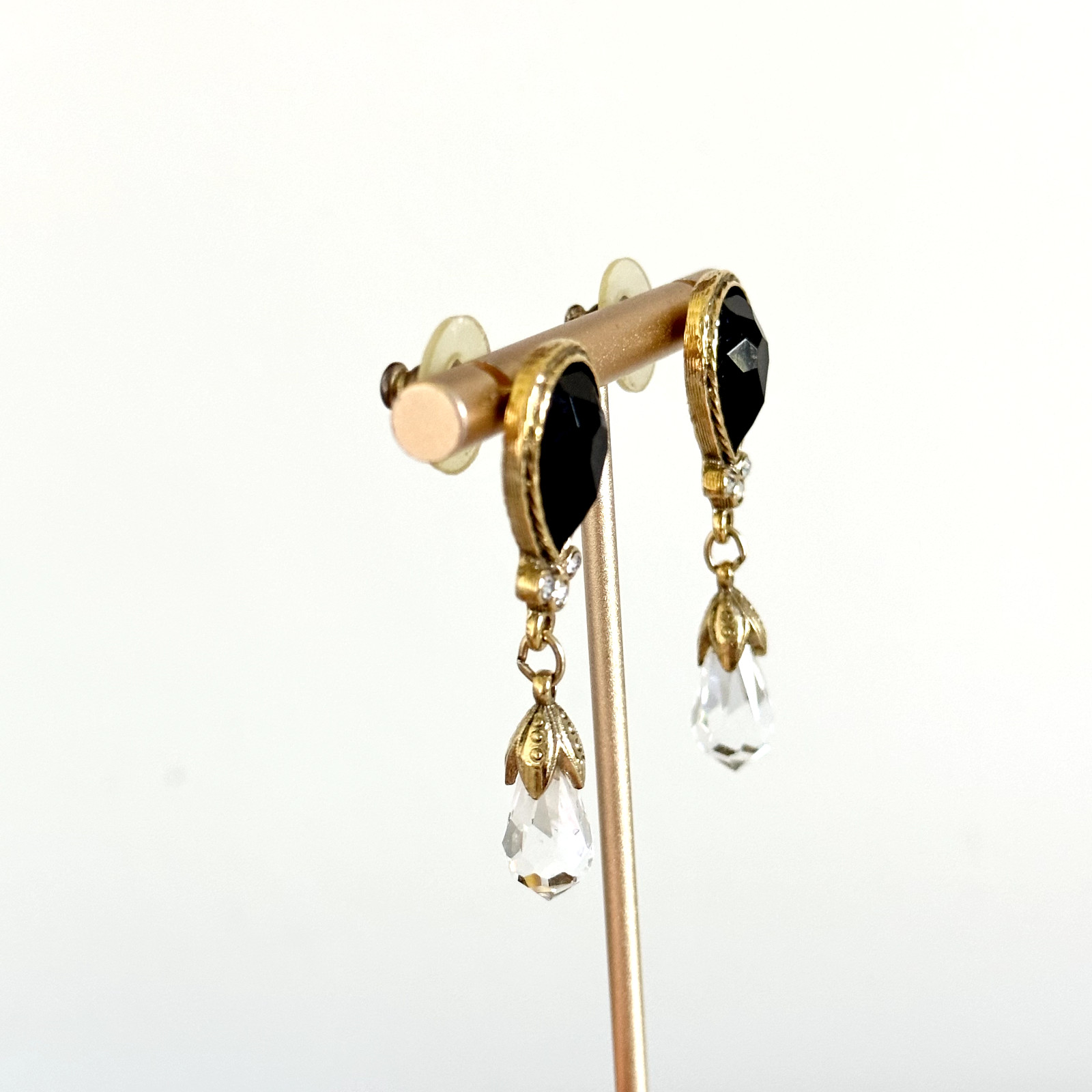 Vintage Clear Faceted Crystal Black Acrylic Stone Gold Tone Dangle Earrings