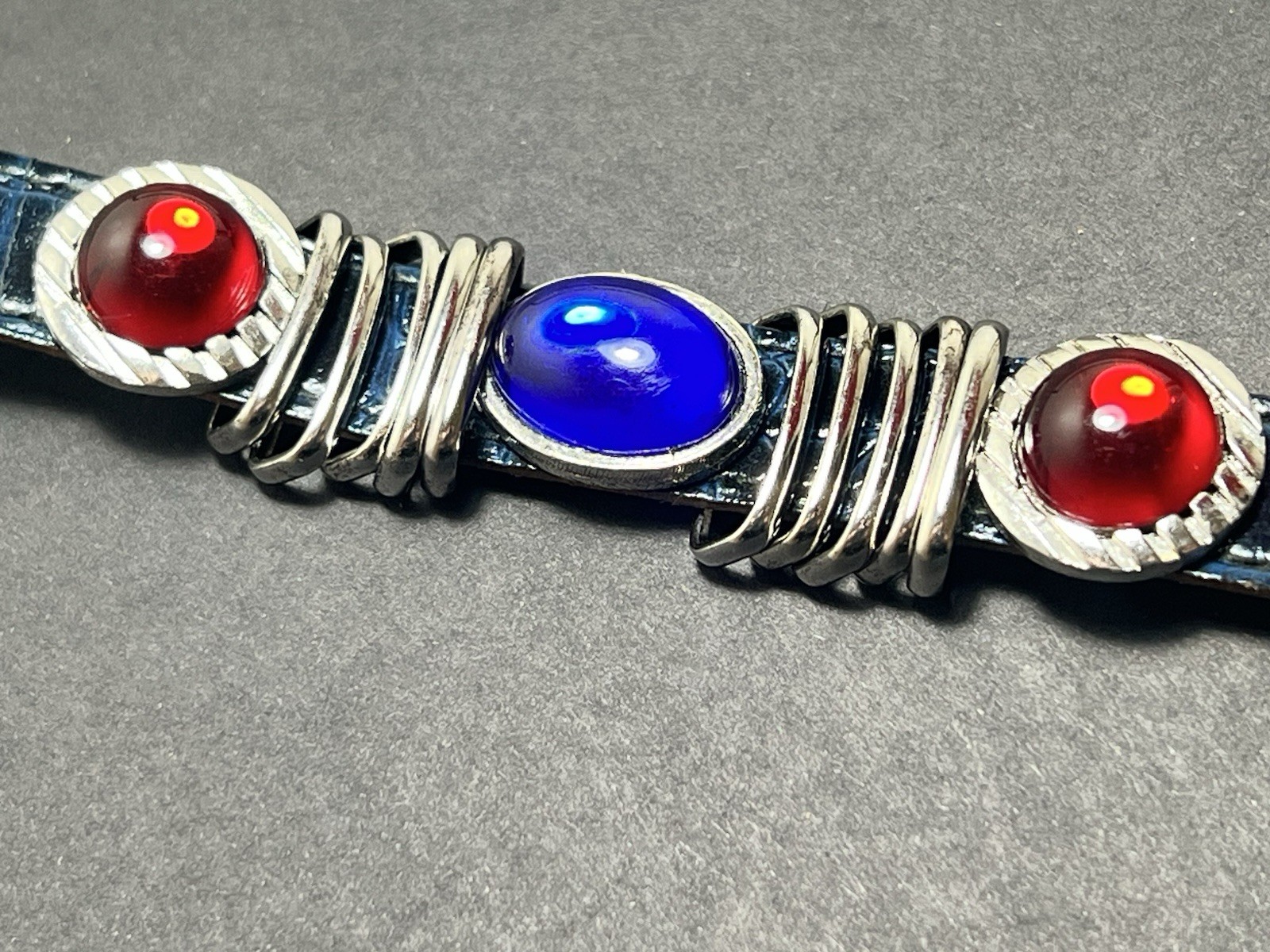 RARE 80s Rau Klikit Blue Leather Cuff Bracelet Punk Western Retro VTG Statement