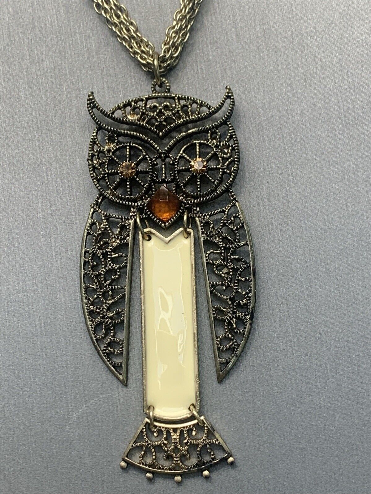 Vintage Boho Articulated, Owl, Gold, Multi Strand Pendant Necklace 18”