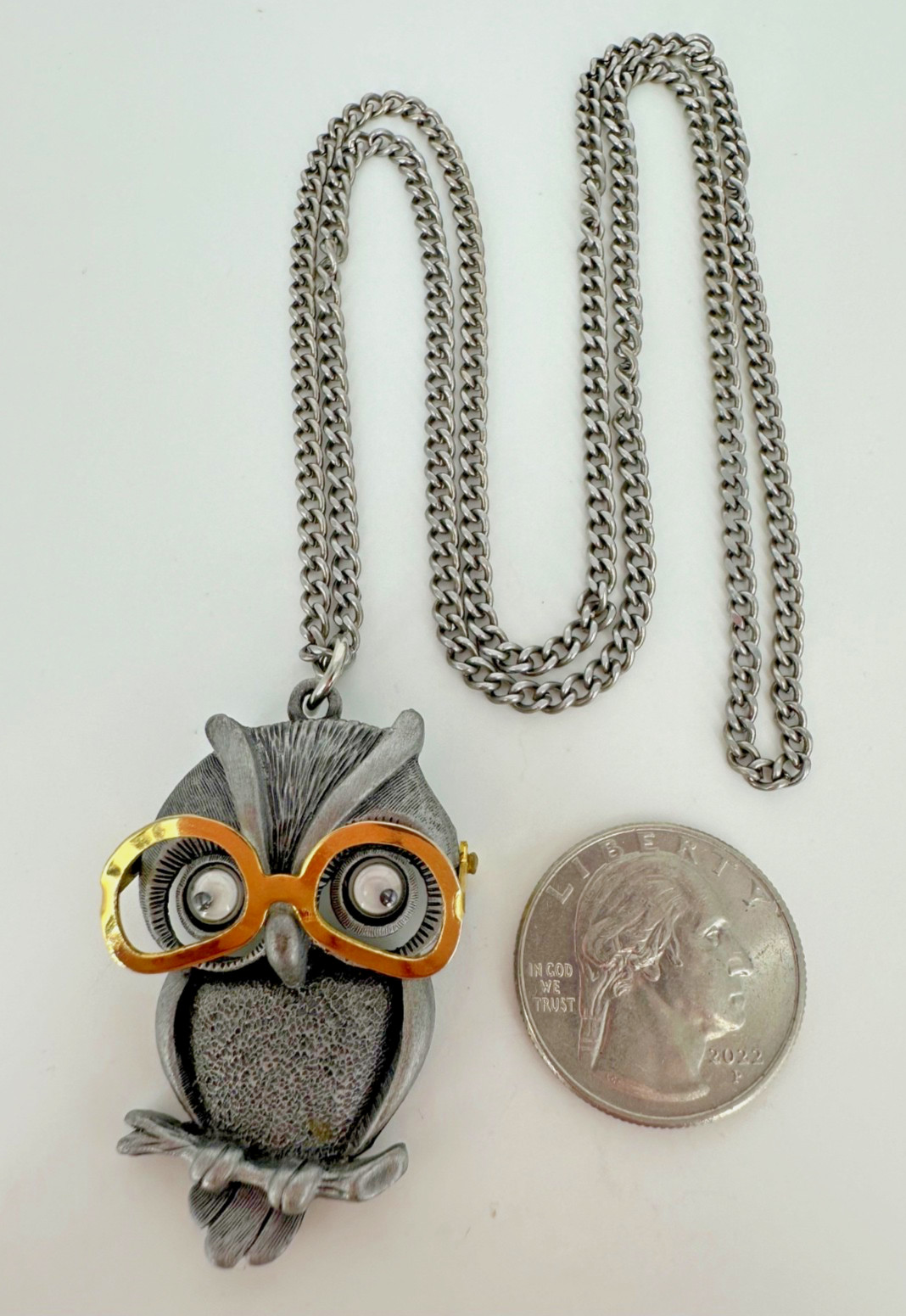 Vintage FAB Pewter Tone Googly Eyed Owl With Movable Eyeglasses Pendant Necklace