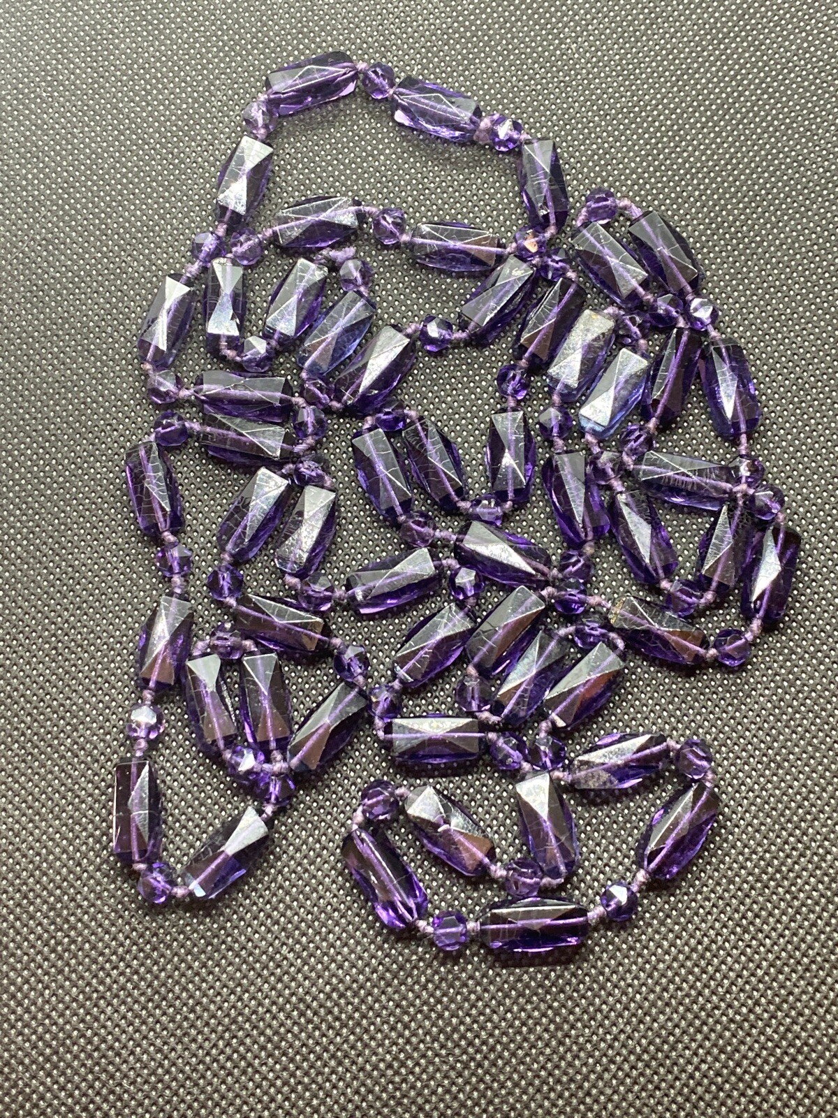 1920s Art Deco Necklace Faceted Amethyst Hand Knot Bead Opera Length 57 in