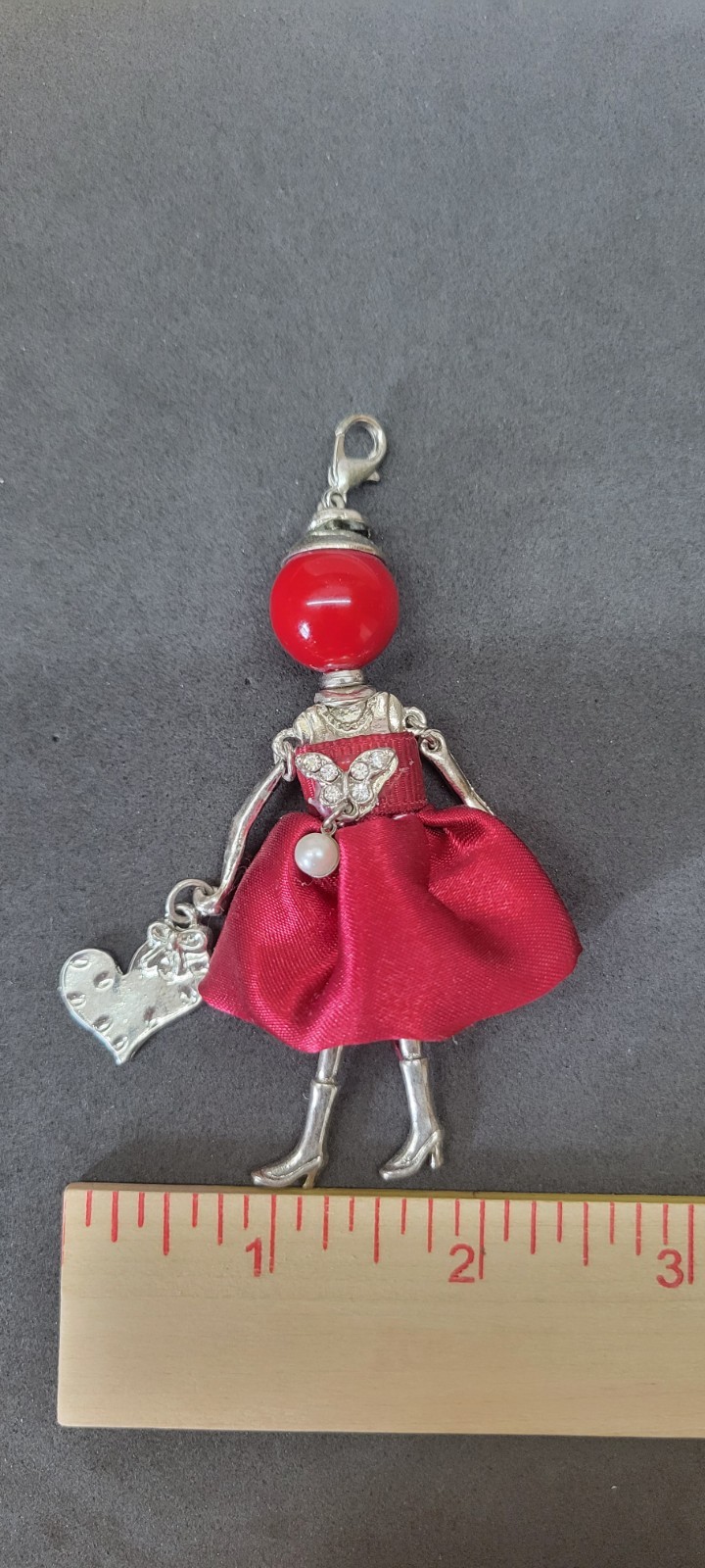 Vintage Articulated Doll Pendant Silver Tone Red Dress Rhinestone Purse Pendant