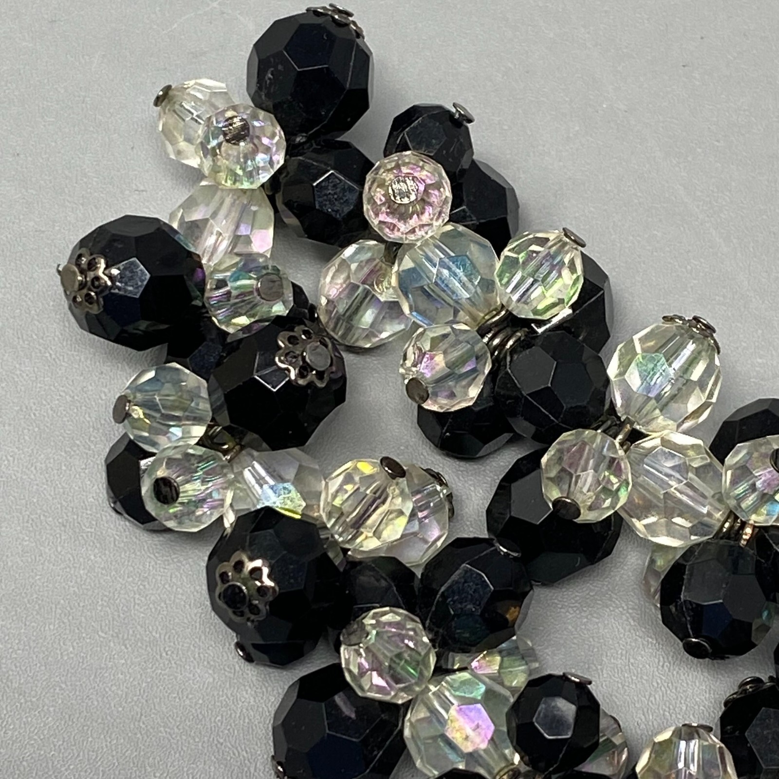 Bead Cluster Bracelet Black Clear Aurora Borealis Acrylic Faceted Stretch 7″