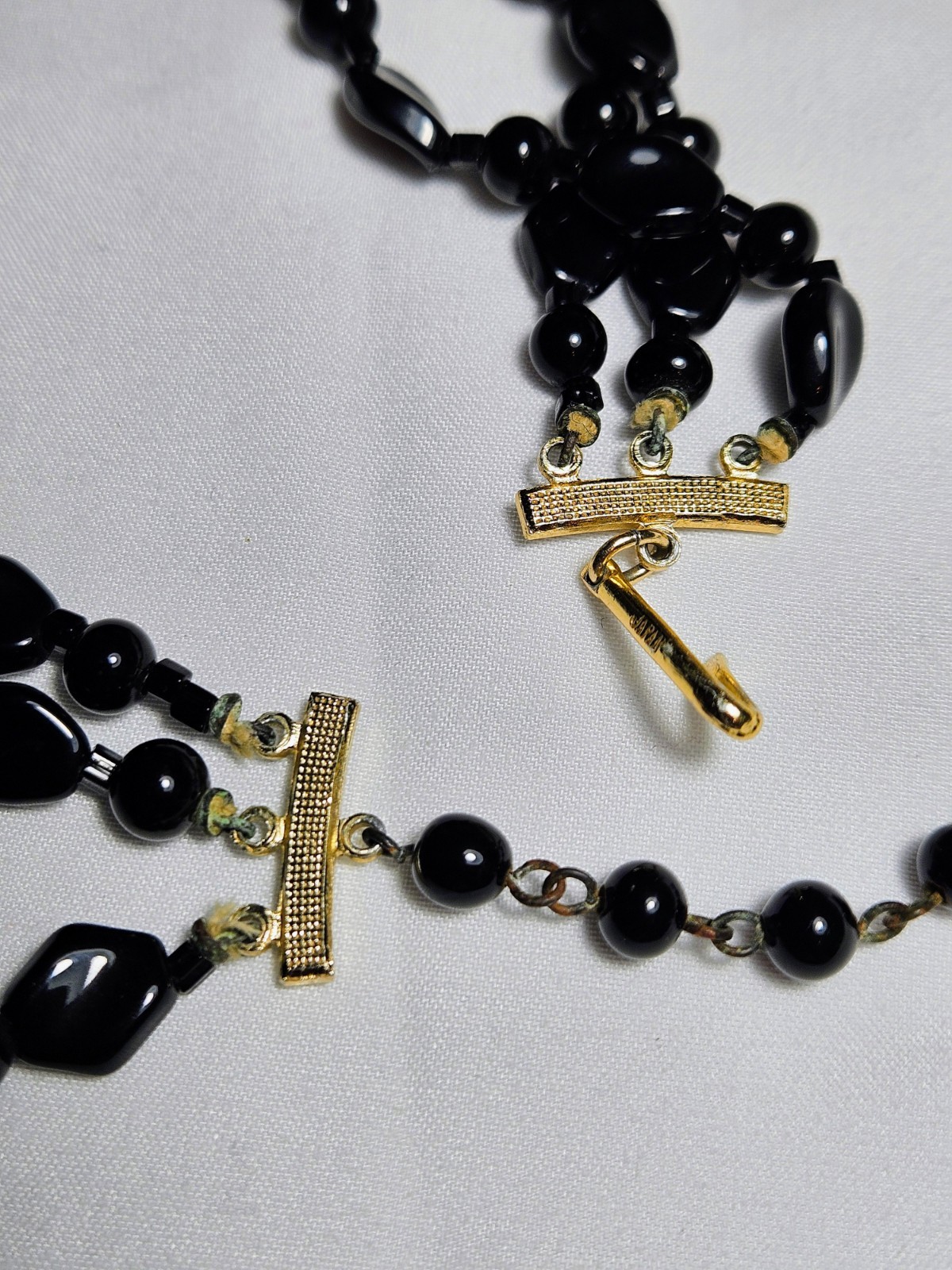 Japan Retro Vintage Necklace Black 3 Strand Glass Beads Metal Hook Clasp