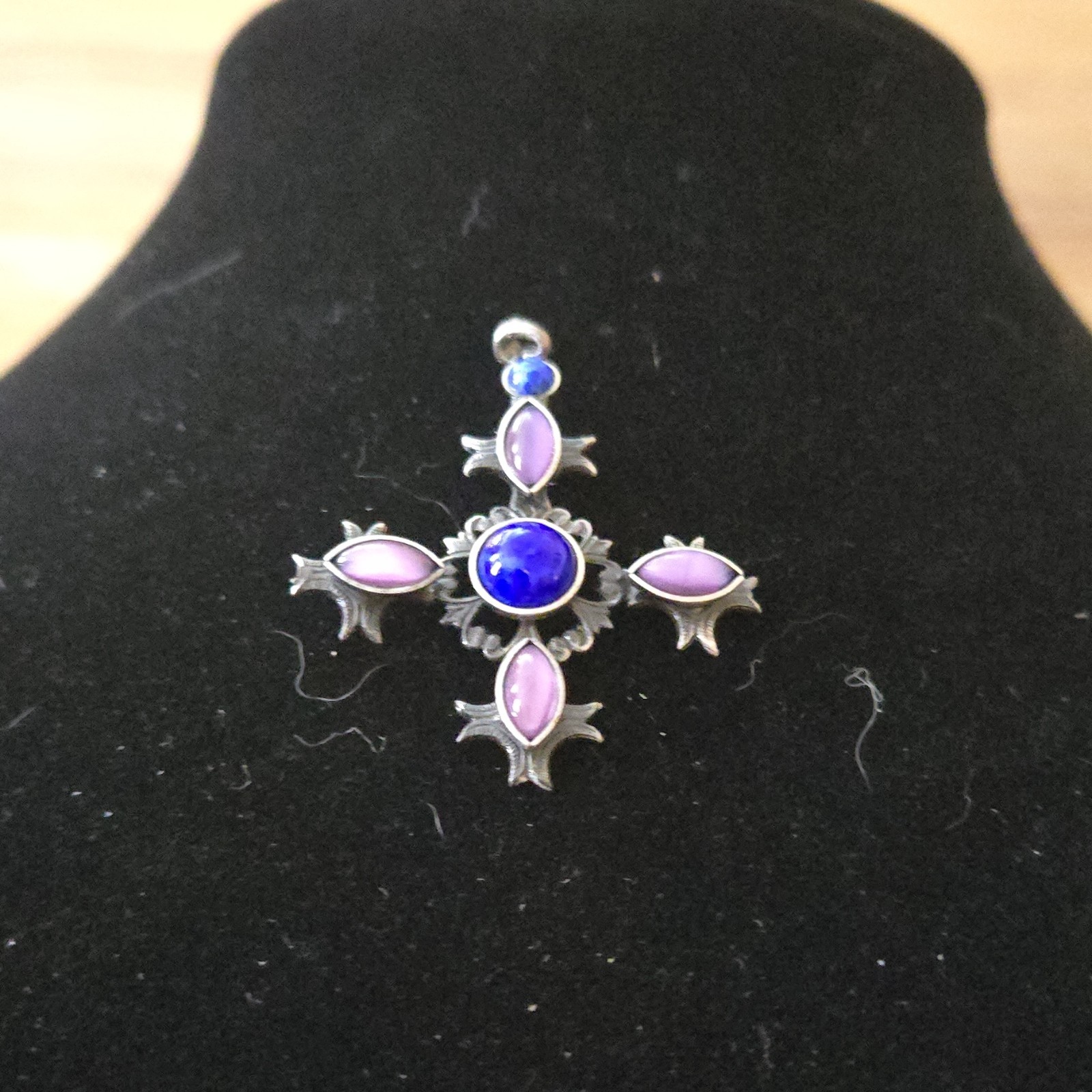 Silver Cross Purple Blue Gemstone Charm Pendant Bezel Setting Vintage Style