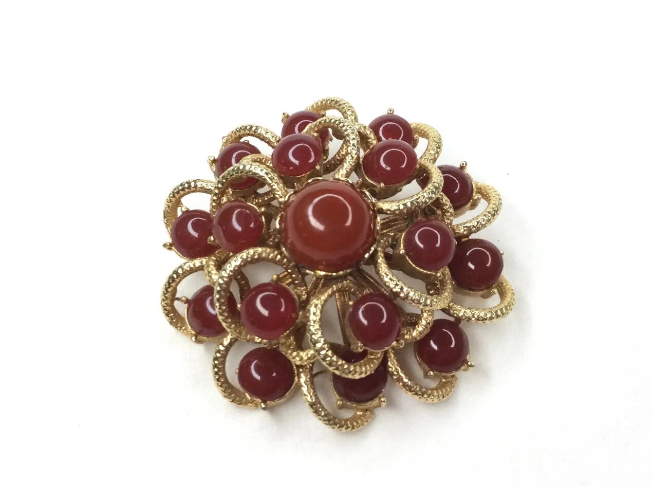 Vintage Sunburst Flower Swirl Brooch Pin Carnelian Goldtone 2” Multi Stone Retro