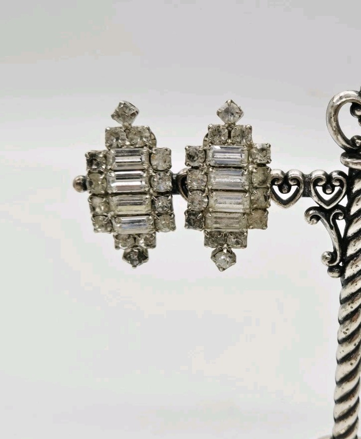 Victorian Crystal Earring Silver Tone Clip on Adorable Wedding Bridal 1.5 in #2