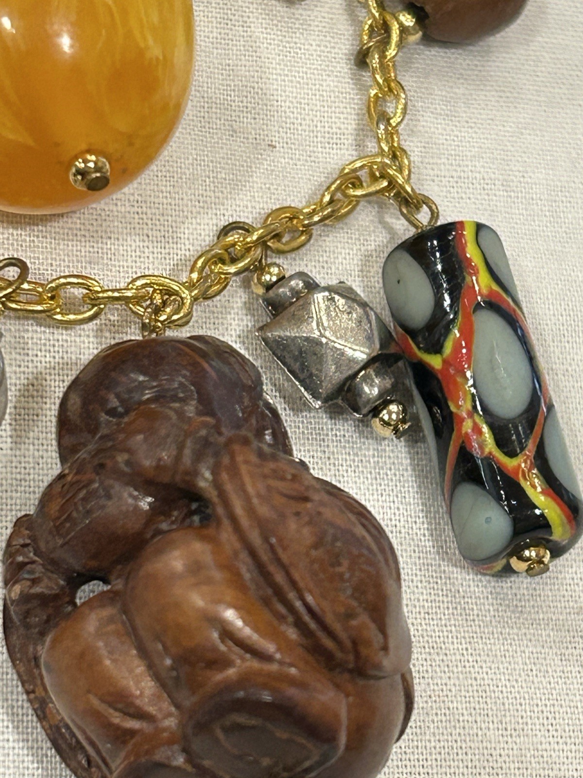 Vtg Asian-Themed Mixed Material 3-Strand Charm Necklace w/Carved Wood Buddha 28”