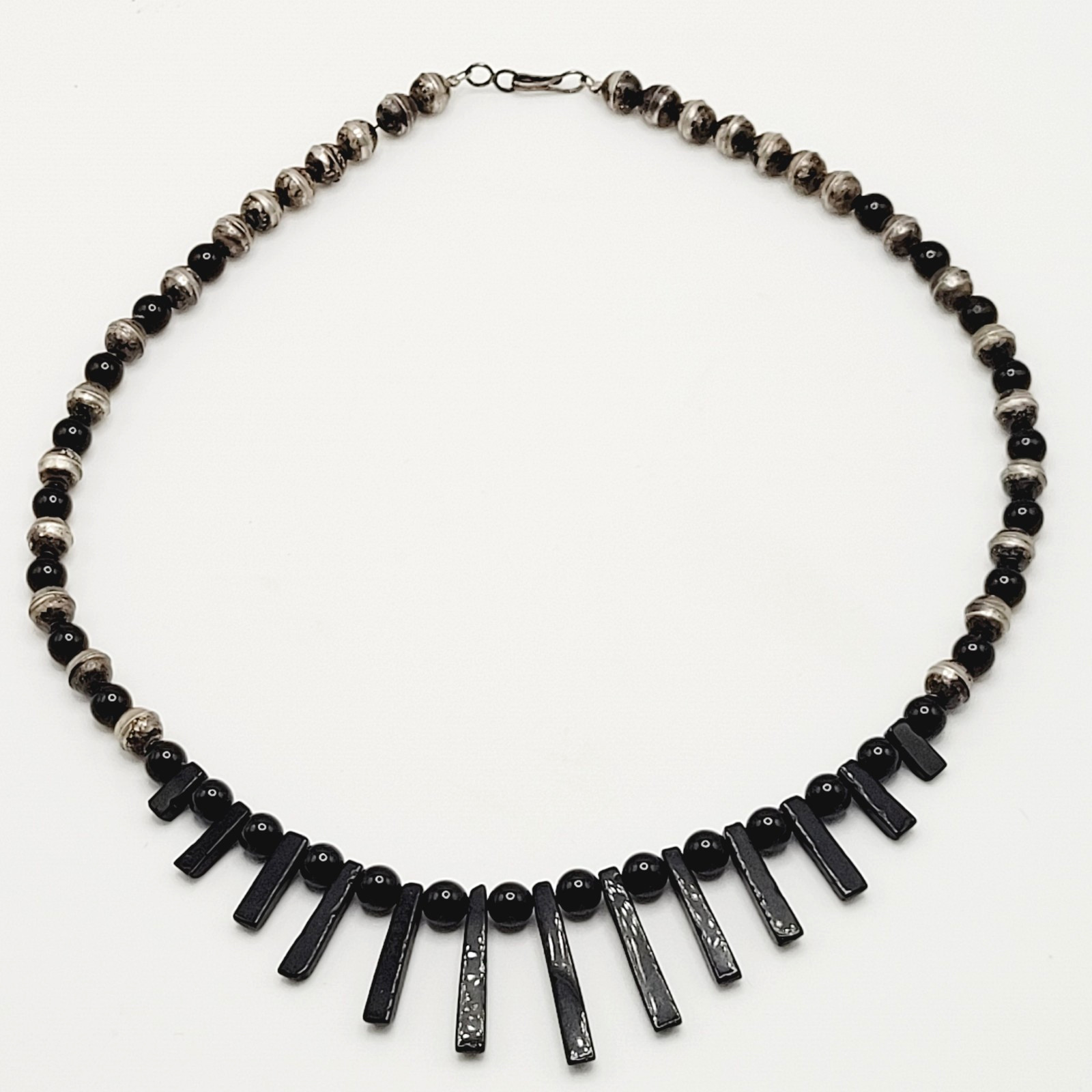 Southwestern Artisan Black Onyx Silver Tone Bead Bib Fringe Vtg Necklace 18 Inch