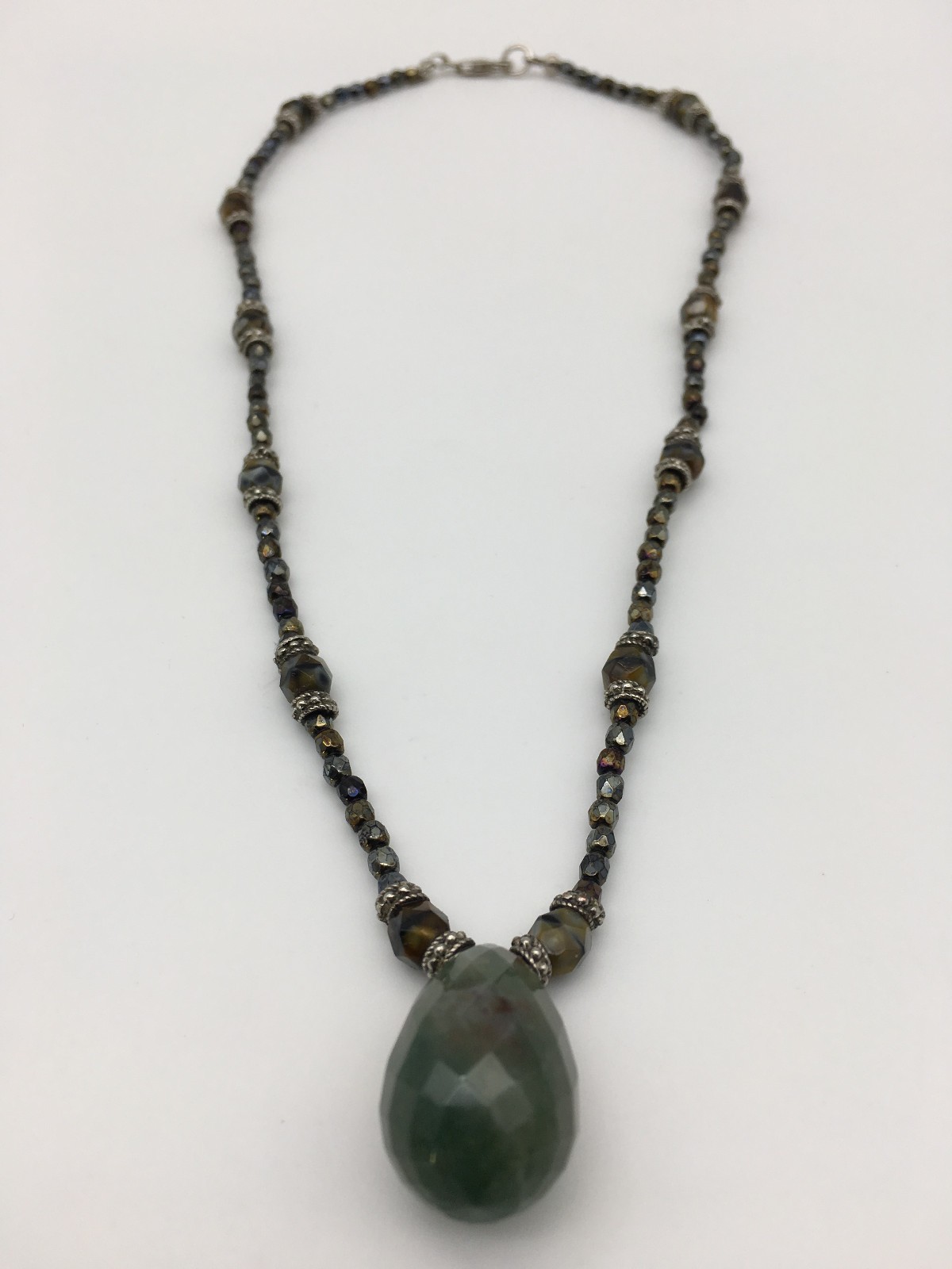 Vintage Blood Stone Pendant Crystal Hematite Czech Beads Sterling 16″ Necklace