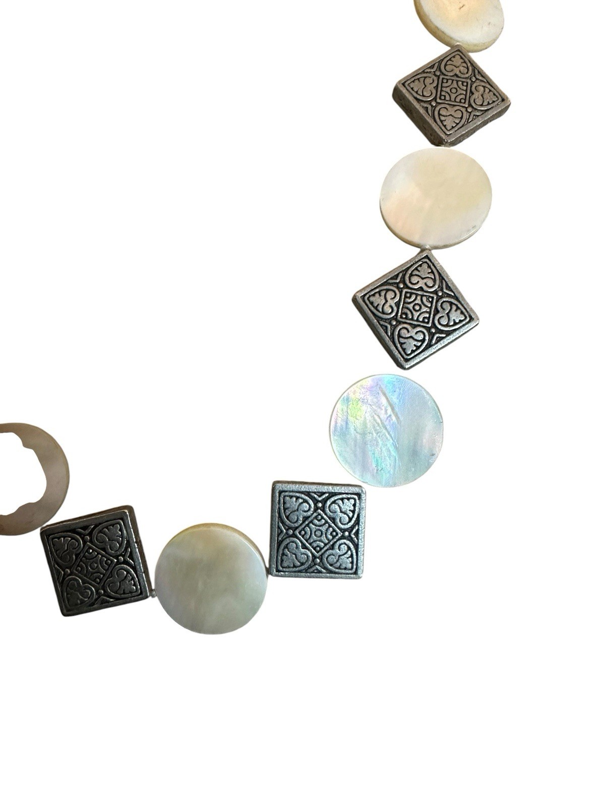 Vintage Mother of Pearl Beaded Disc Necklace With Metal Filigree Disk 18” Heavy