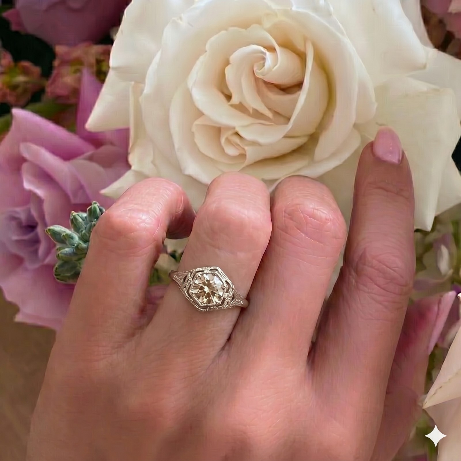 18k White Gold Vintage Engagement Ring 1.10ct.Euro Cut Round Champagne Diamond