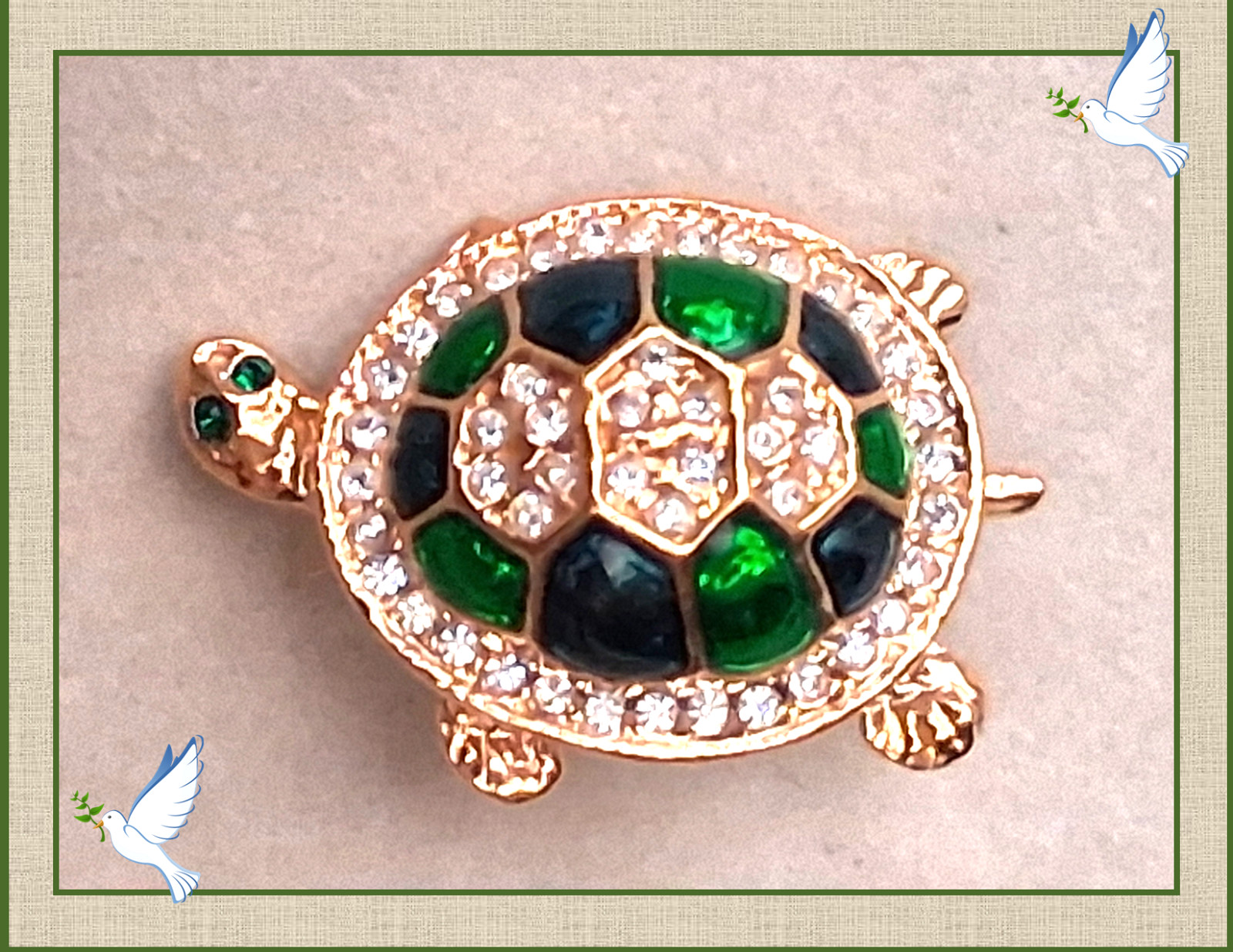 Vintage Turtle Brooch with green & blue enamel, & clear rhinestones (by Roman)