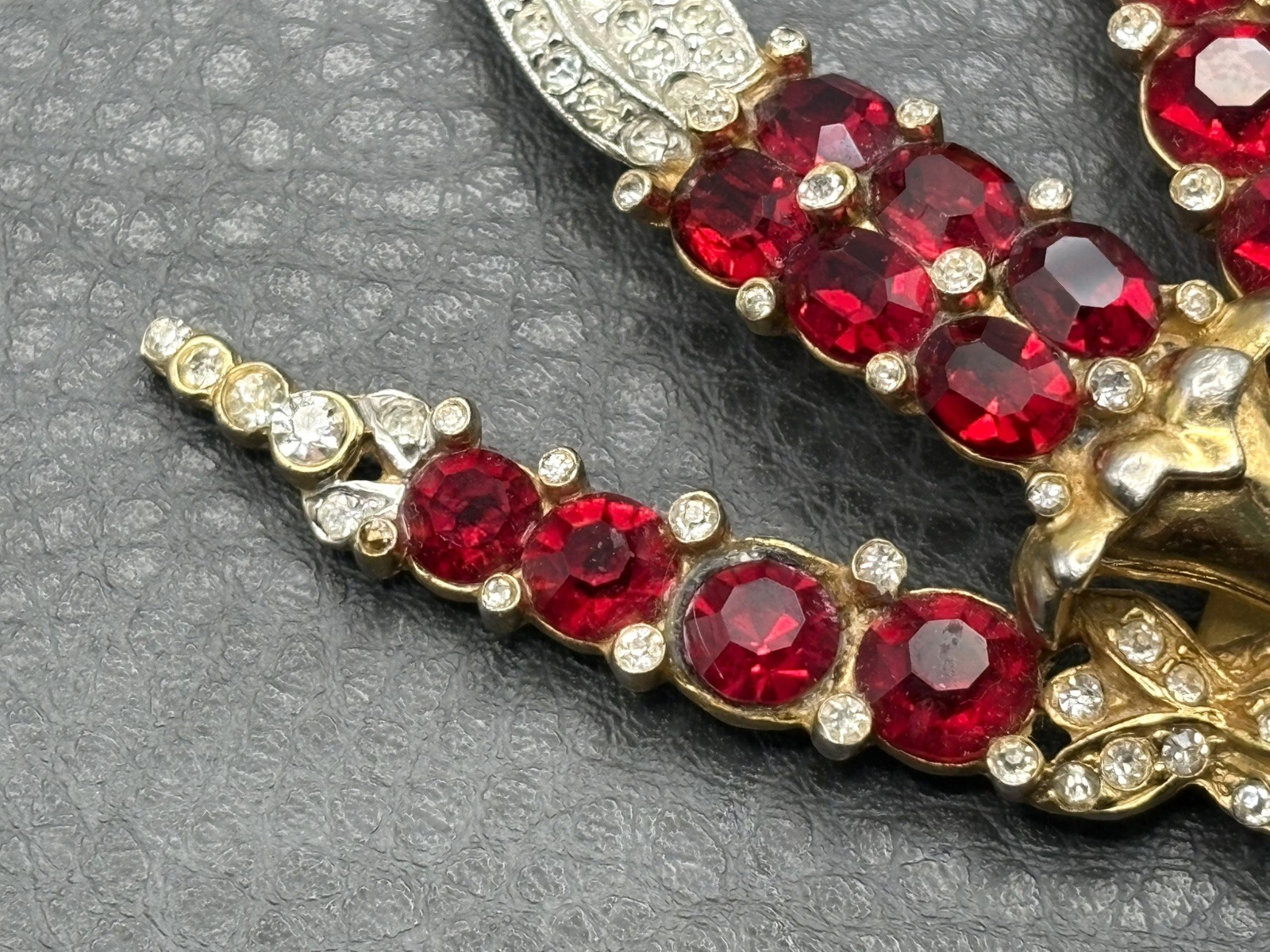 HUGE 4.5” Figural Red Rhinestone Gold Plated Pot Metal Flower Bouquet Brooch