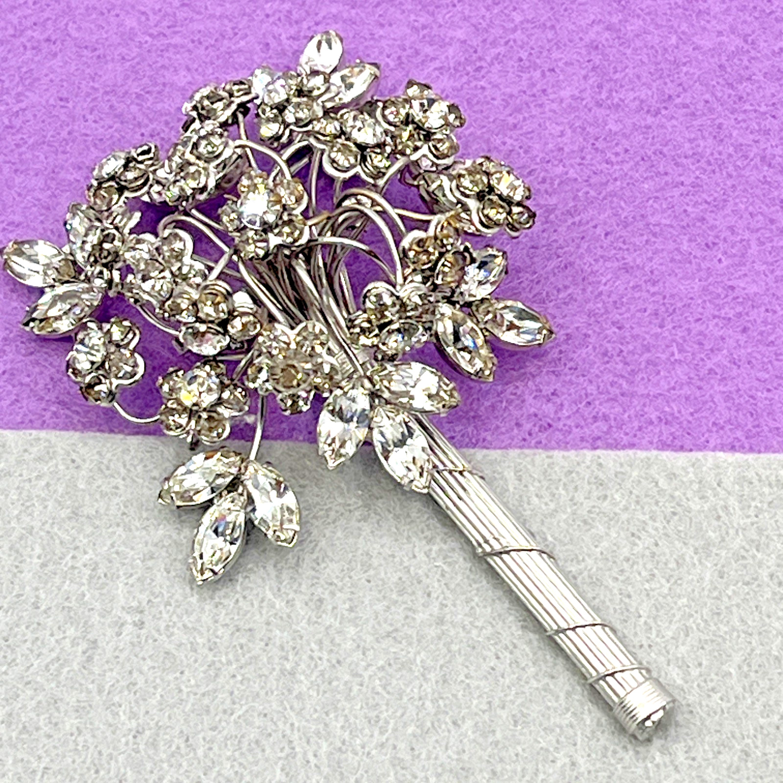 Original By Robert Brooch Bouquet of Flowers Rhinestone Brooch Silver Tone 3.5″