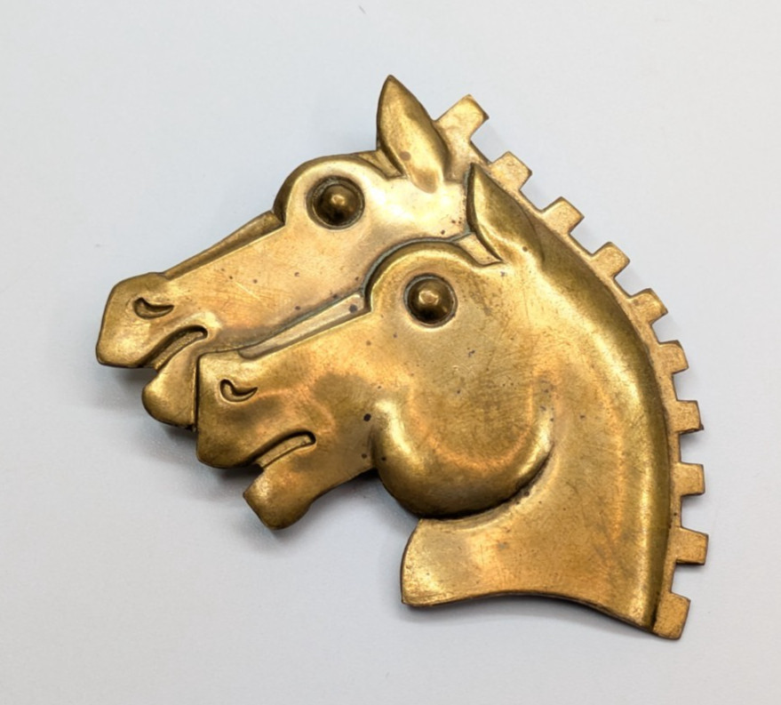 Vintage Chunky Brass Double Horse Head Brooch Pin 2.5″ Equestrian Artisan