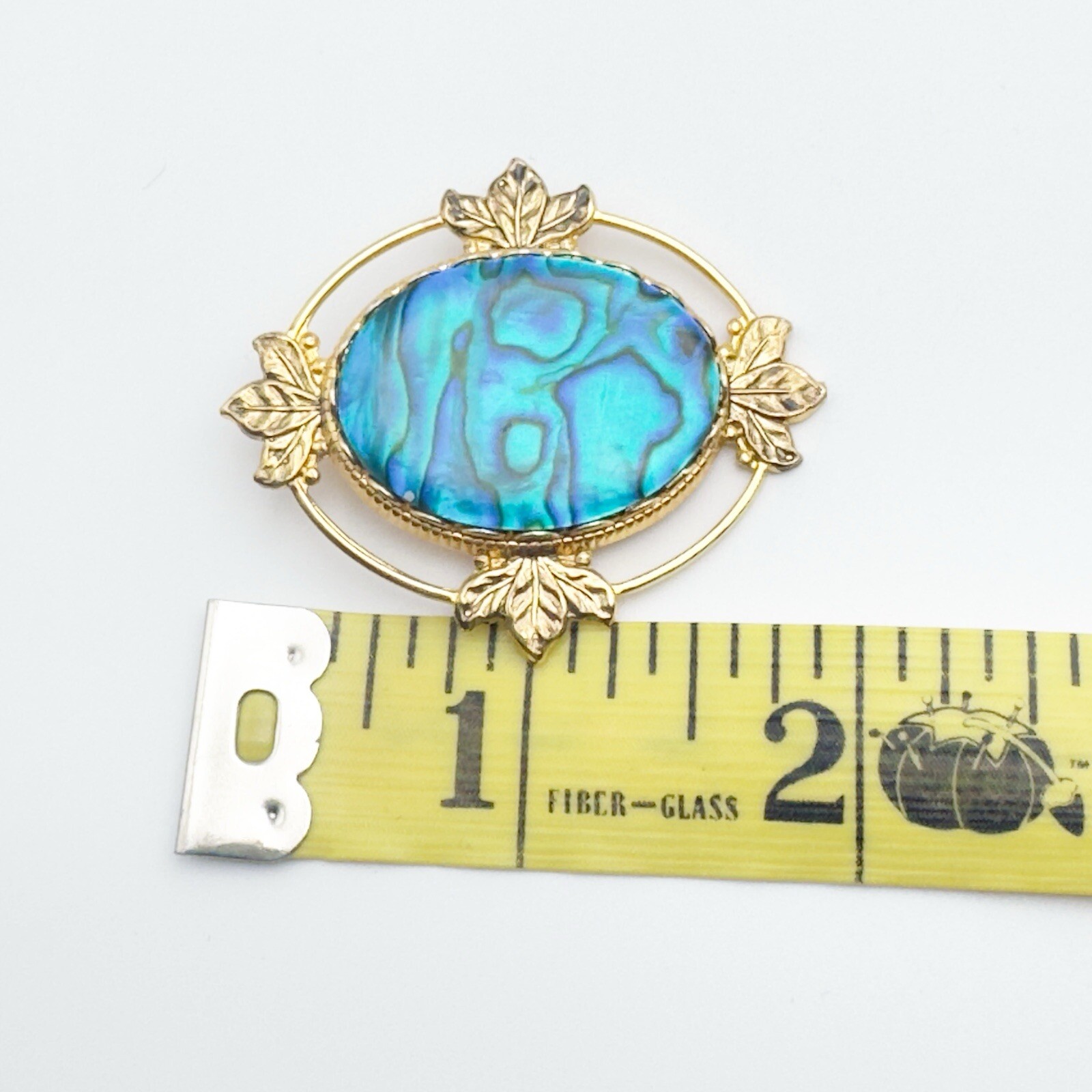 Vintage Abalone Paua Shell Brooch Gold Tone Blue Green 1970s Retro Iridescent 2″