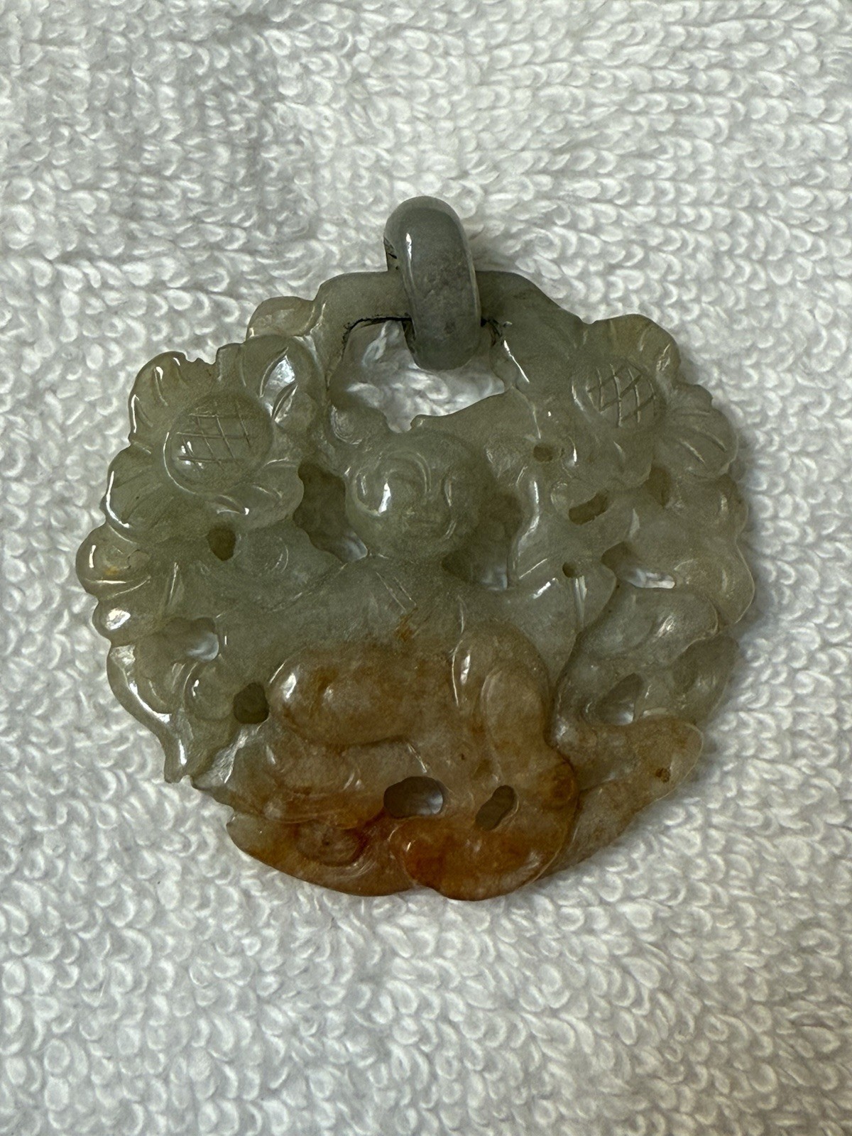 Vintage Carved Jadeite Pendant 26g Natural Green Russet Jade Child Lotus Motif