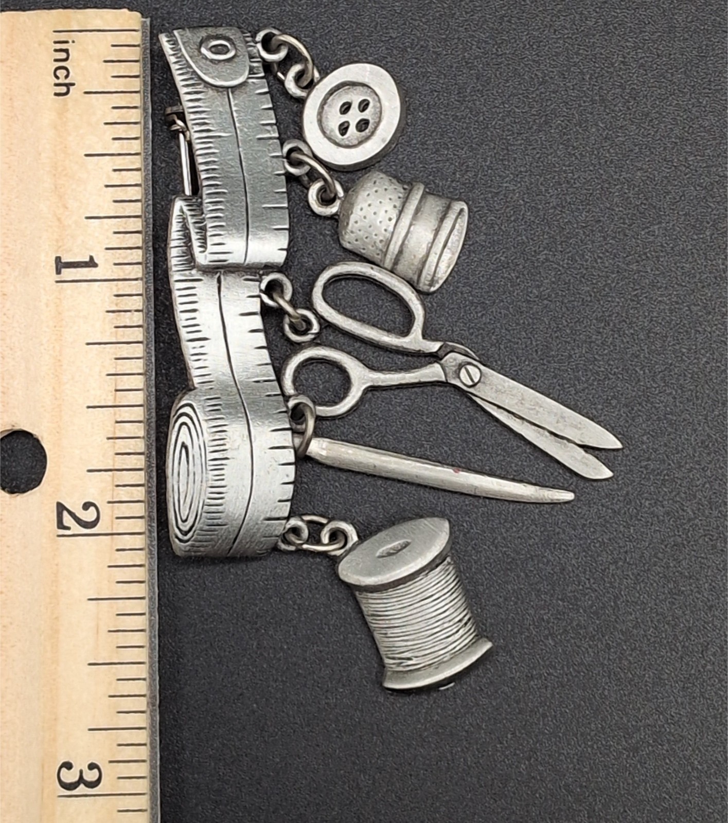 Brooch Pin Vintage JJ Sewing Quilting Dangle Measuring Tape Thread Needle Button