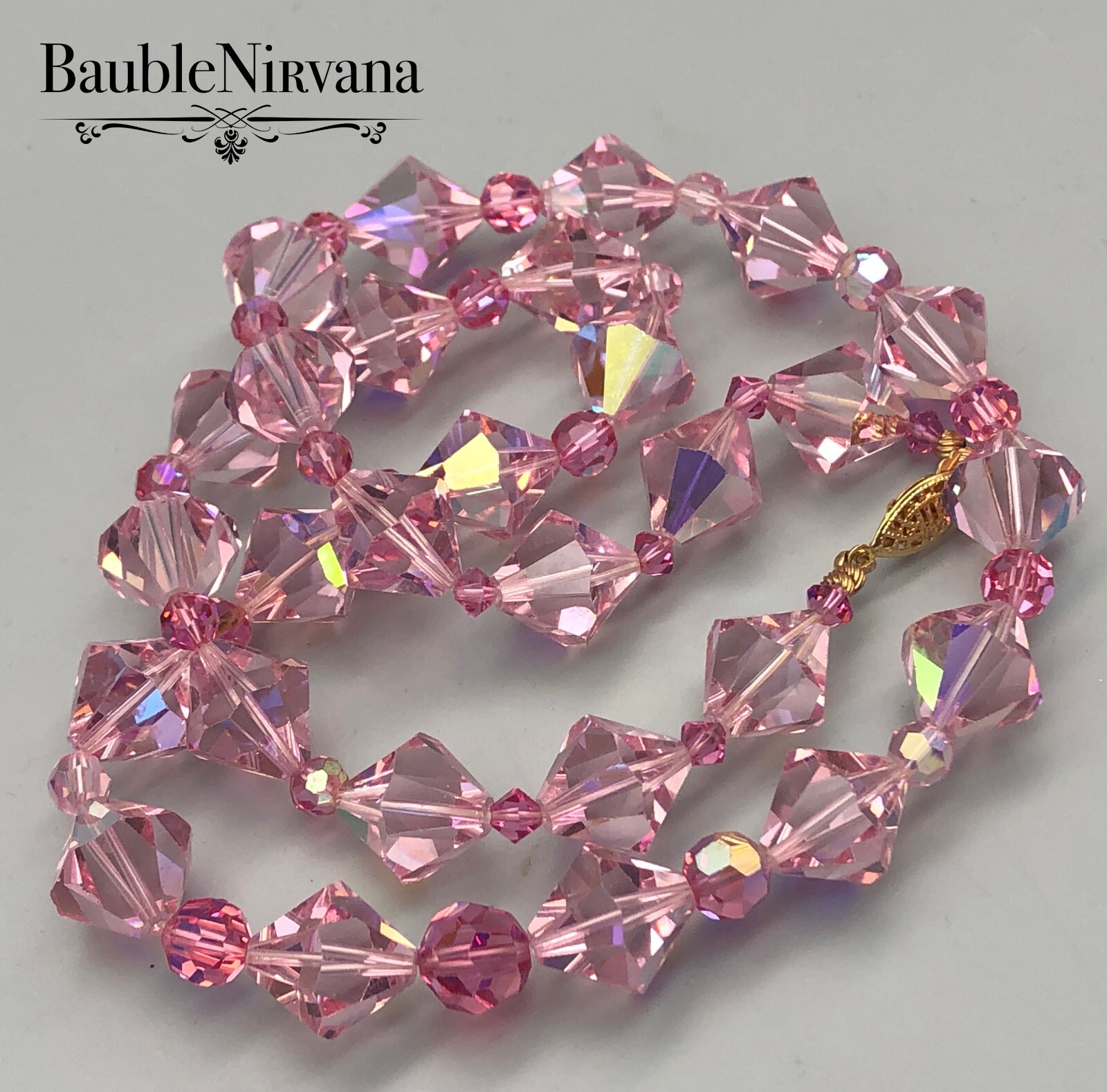Vintage Brilliant Aurora Borealis Pink Austrian Crystal Beads Strand Necklace