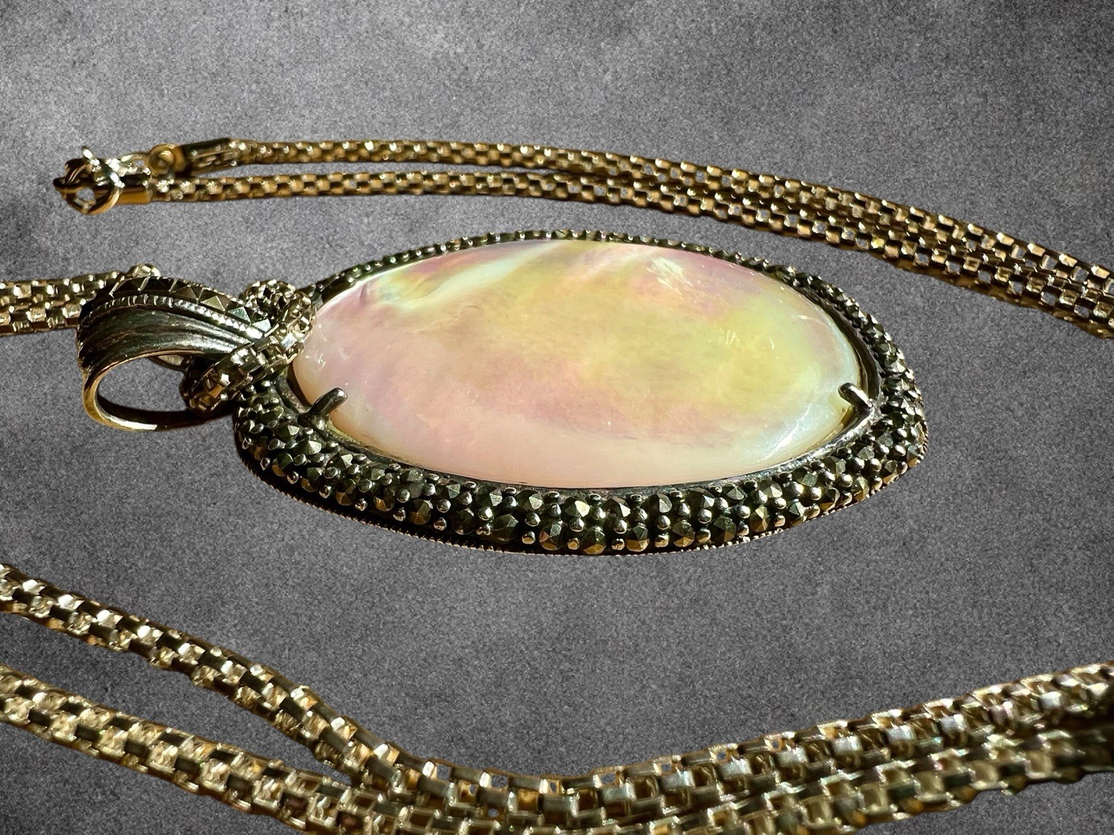 925 Sterling SilverVintage Real Mother Of Pearl & Marcasite Oxidized Pendant