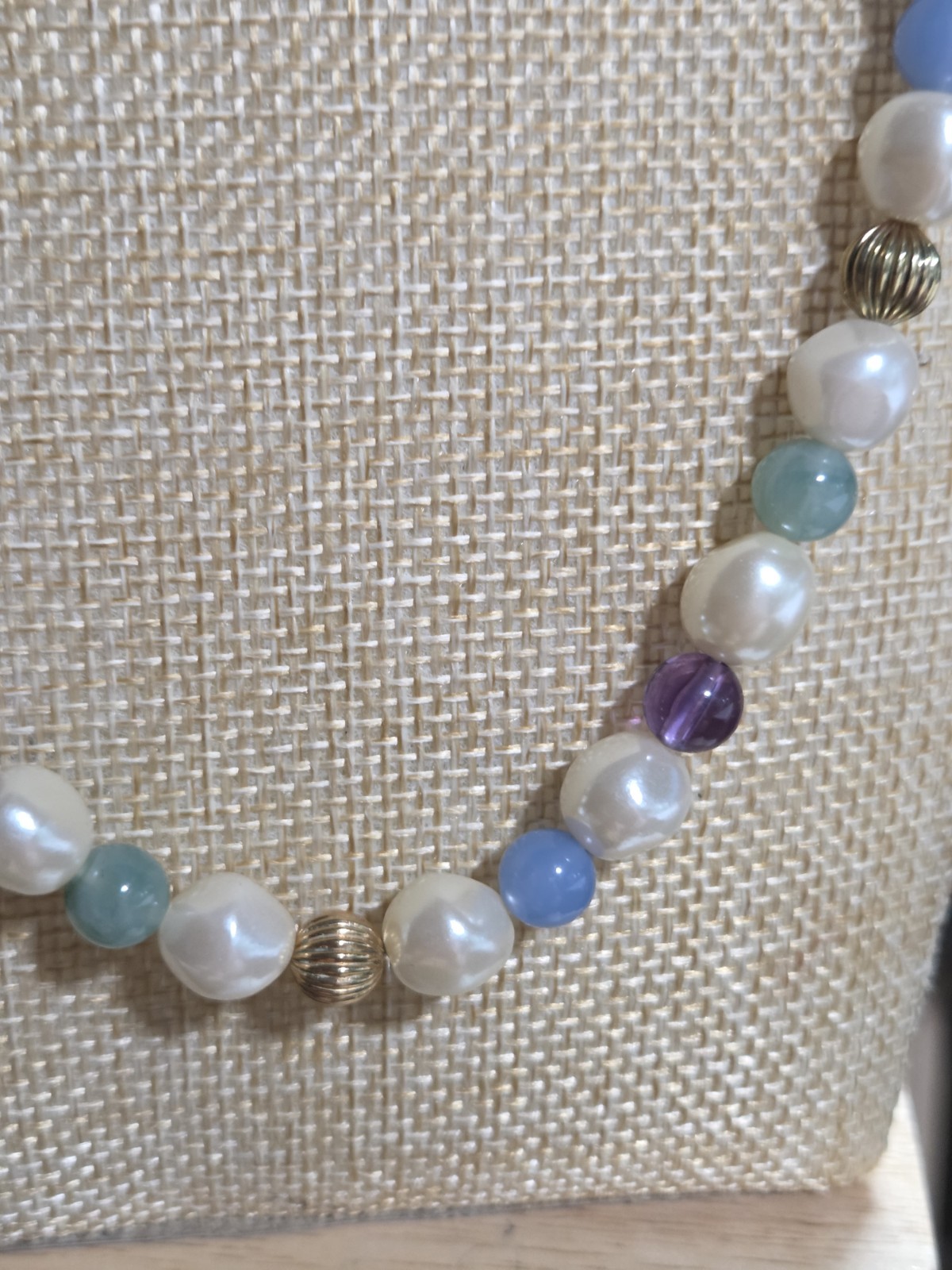 34″ Opera Faux Pearl Blue Green Purple Bead Gold Tone Necklace Barrel Clasp