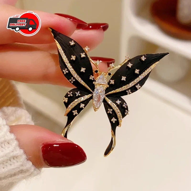Black Enamel Butterfly Brooch Gold Tone Rhinestone Crystal Pin Vintage-Inspired